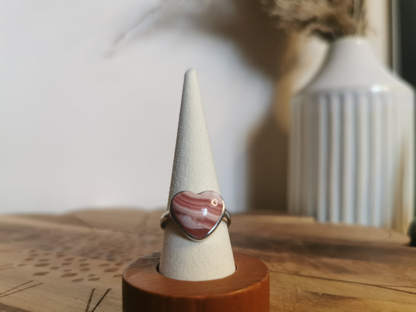 Rhodochrosite Heart - 925 Silver Adjustable Ring