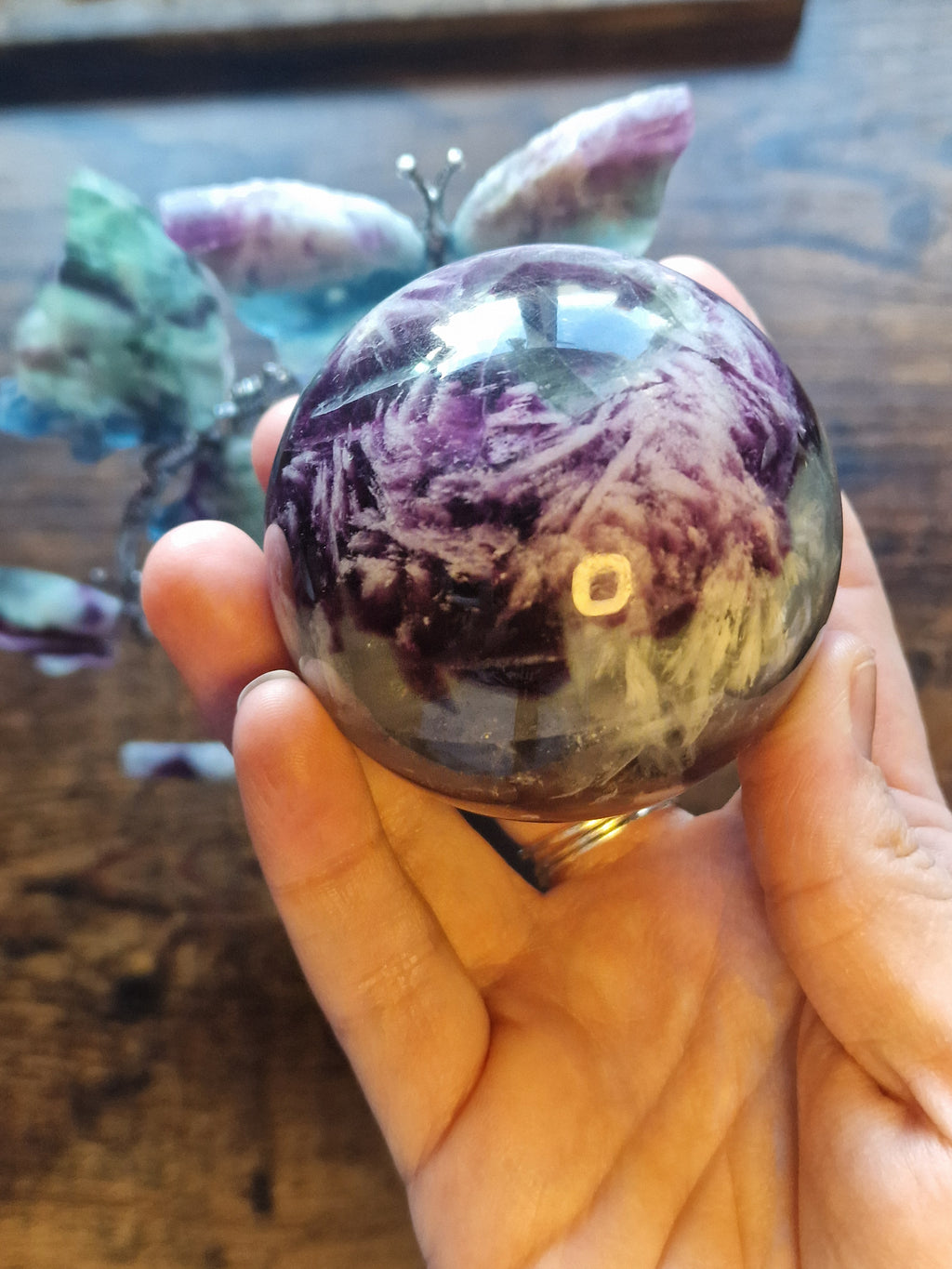 Feather Fluorite Sphere & Butterfly Display Stand