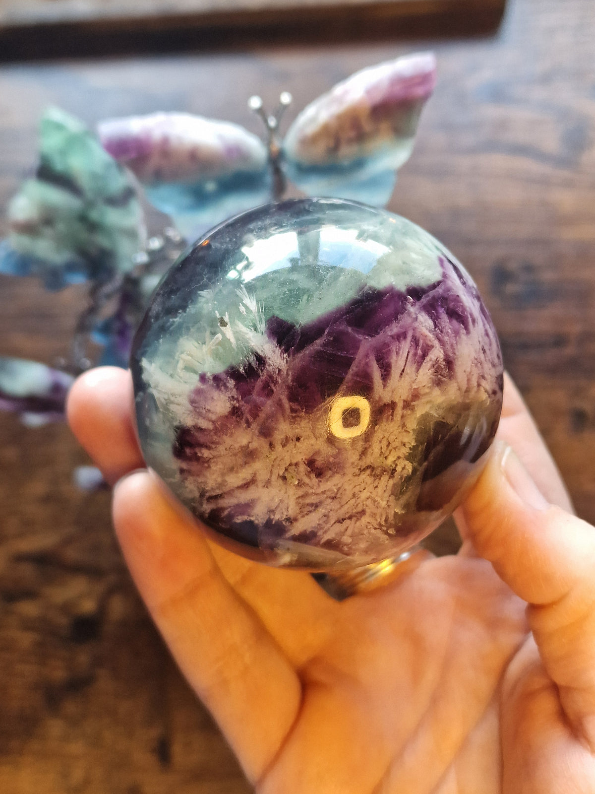 Feather Fluorite Sphere & Butterfly Display Stand