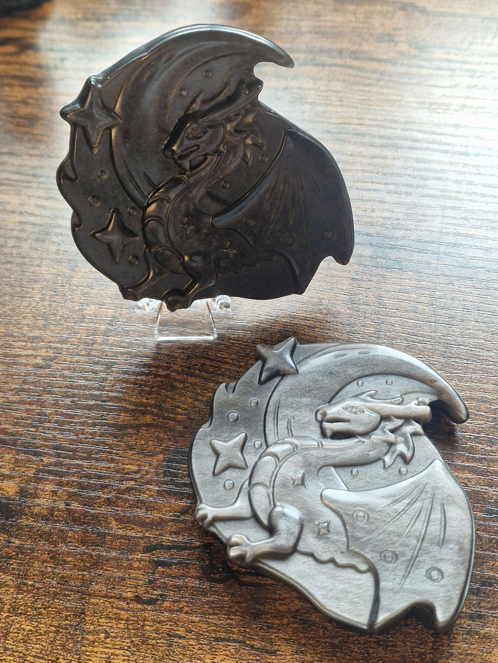 Silver Sheen Obsidian Dragon & Stars Plaque