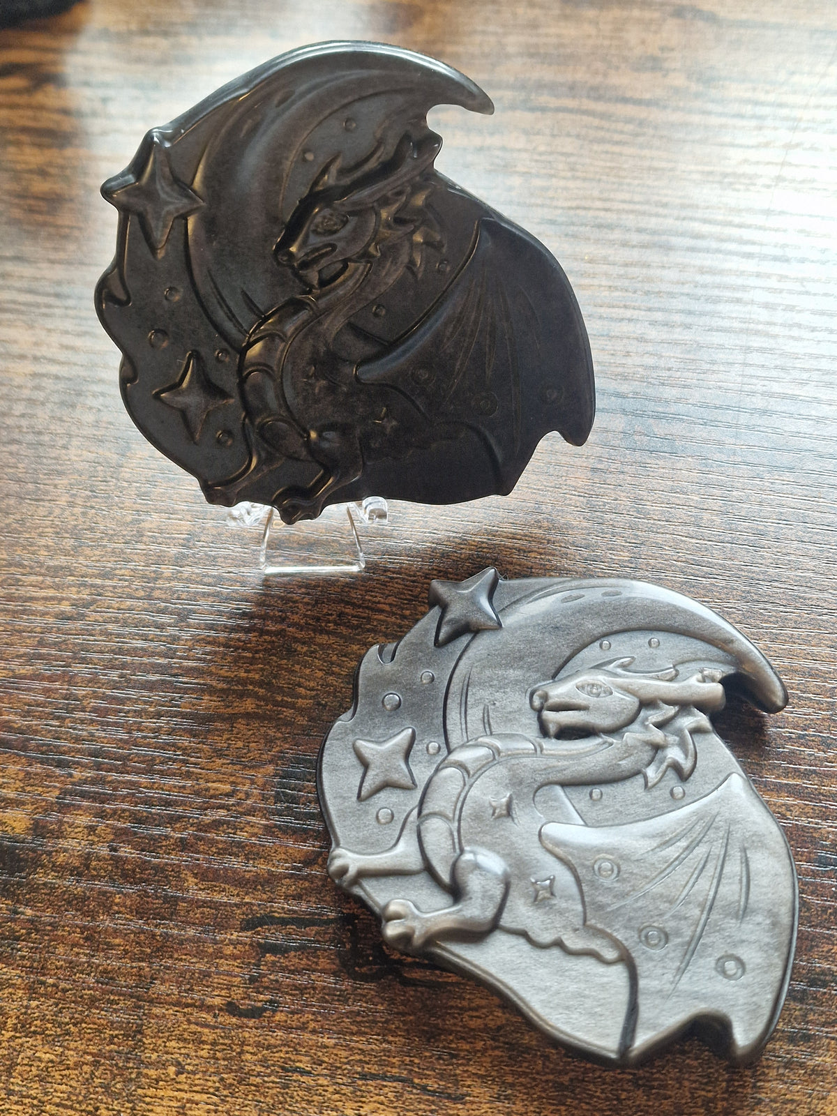 Silver Sheen Obsidian Dragon & Stars Plaque