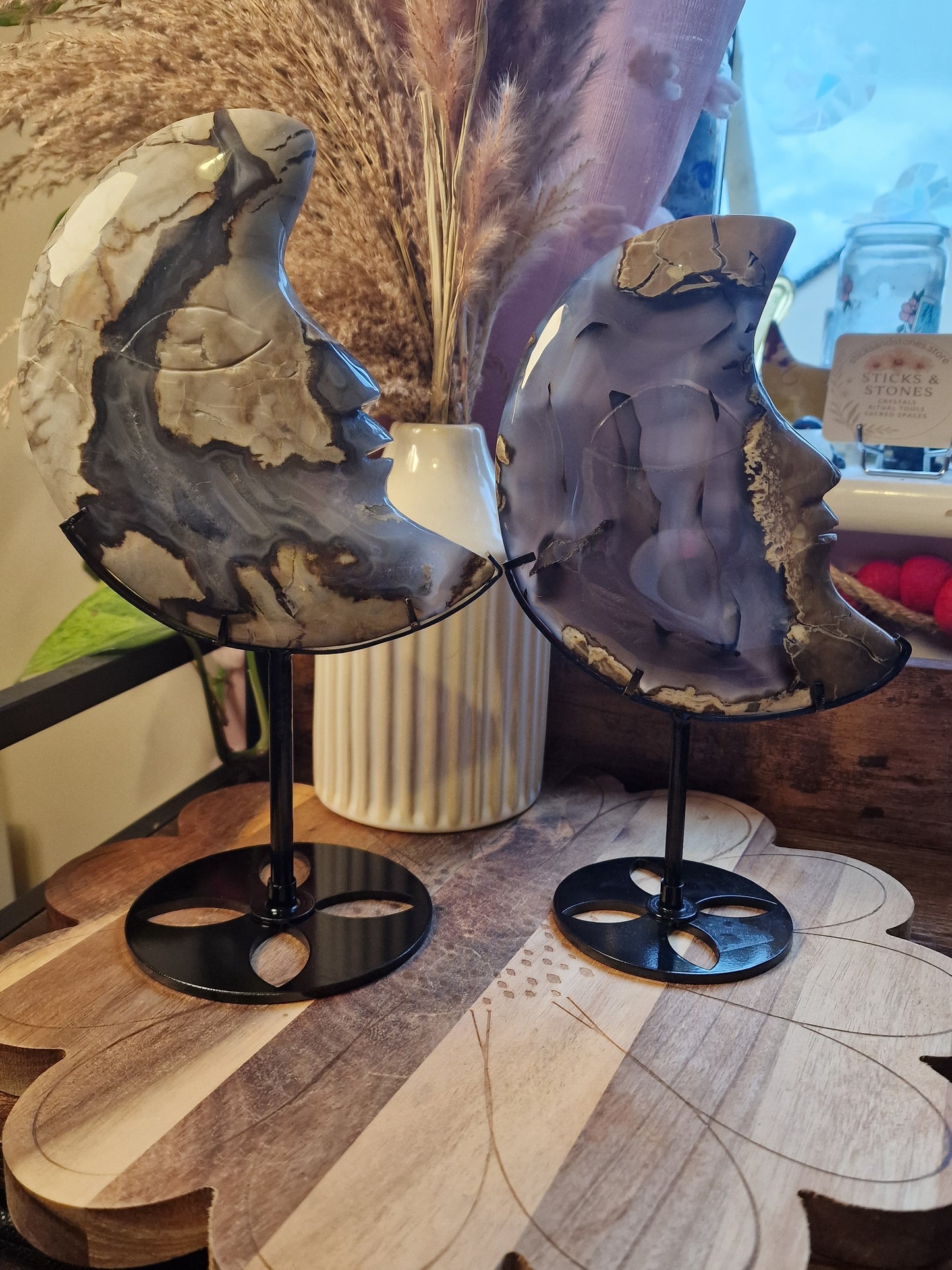 Volcano Agate Crescent Moon carvings on stands