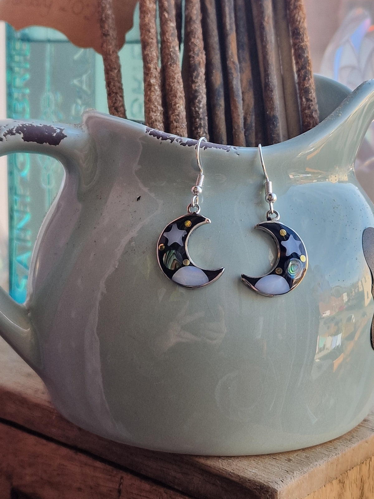 Stellar Crescent Moon Abalone Shell Earrings | Black or Purple