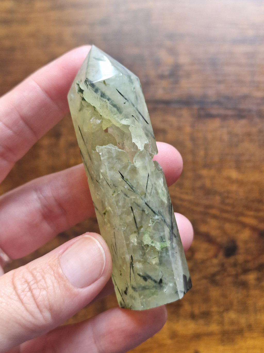 Prehnite with Black Tourmaline Crystal Point
