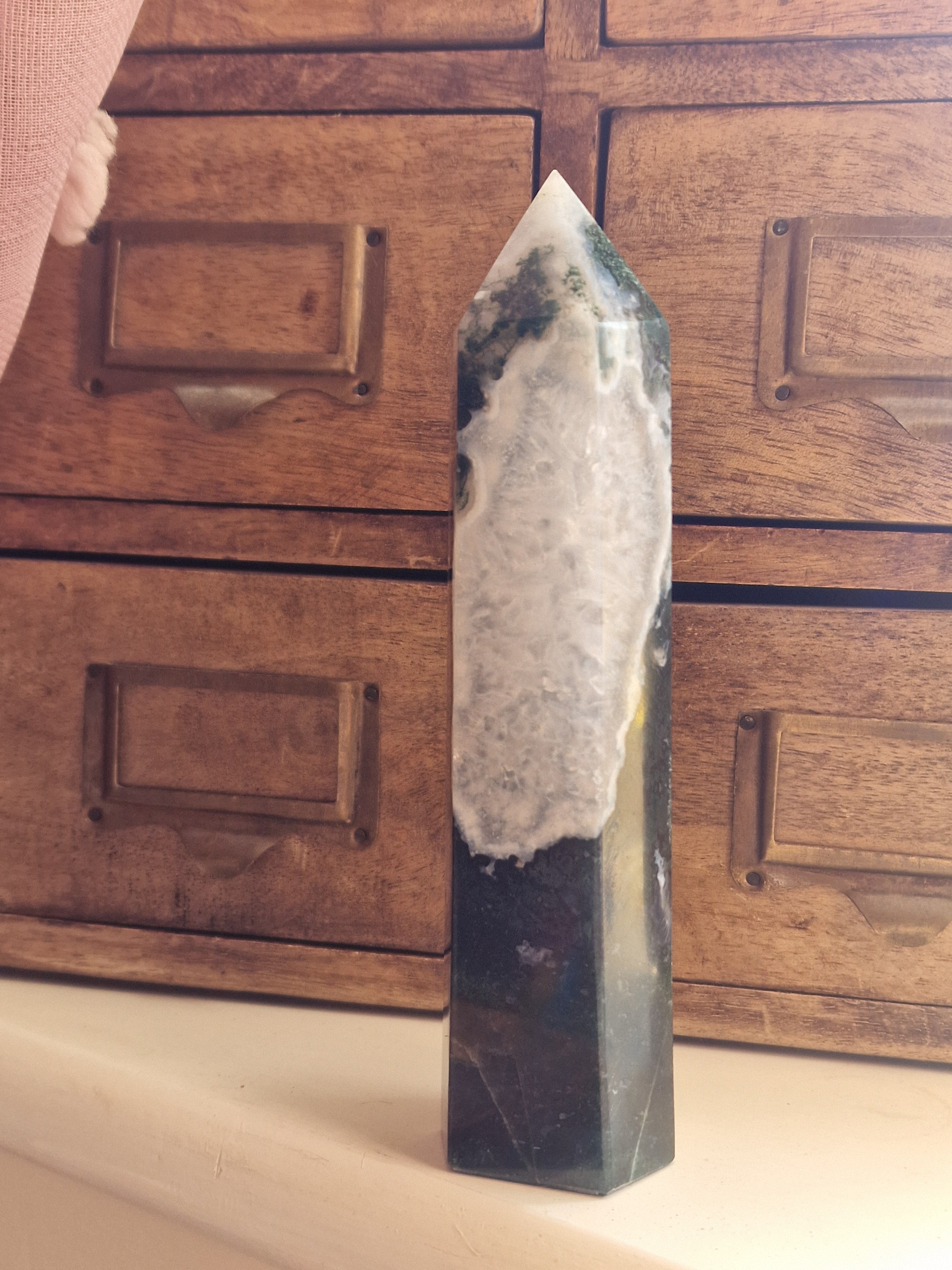 Moss Agate Tower with Quartz Window