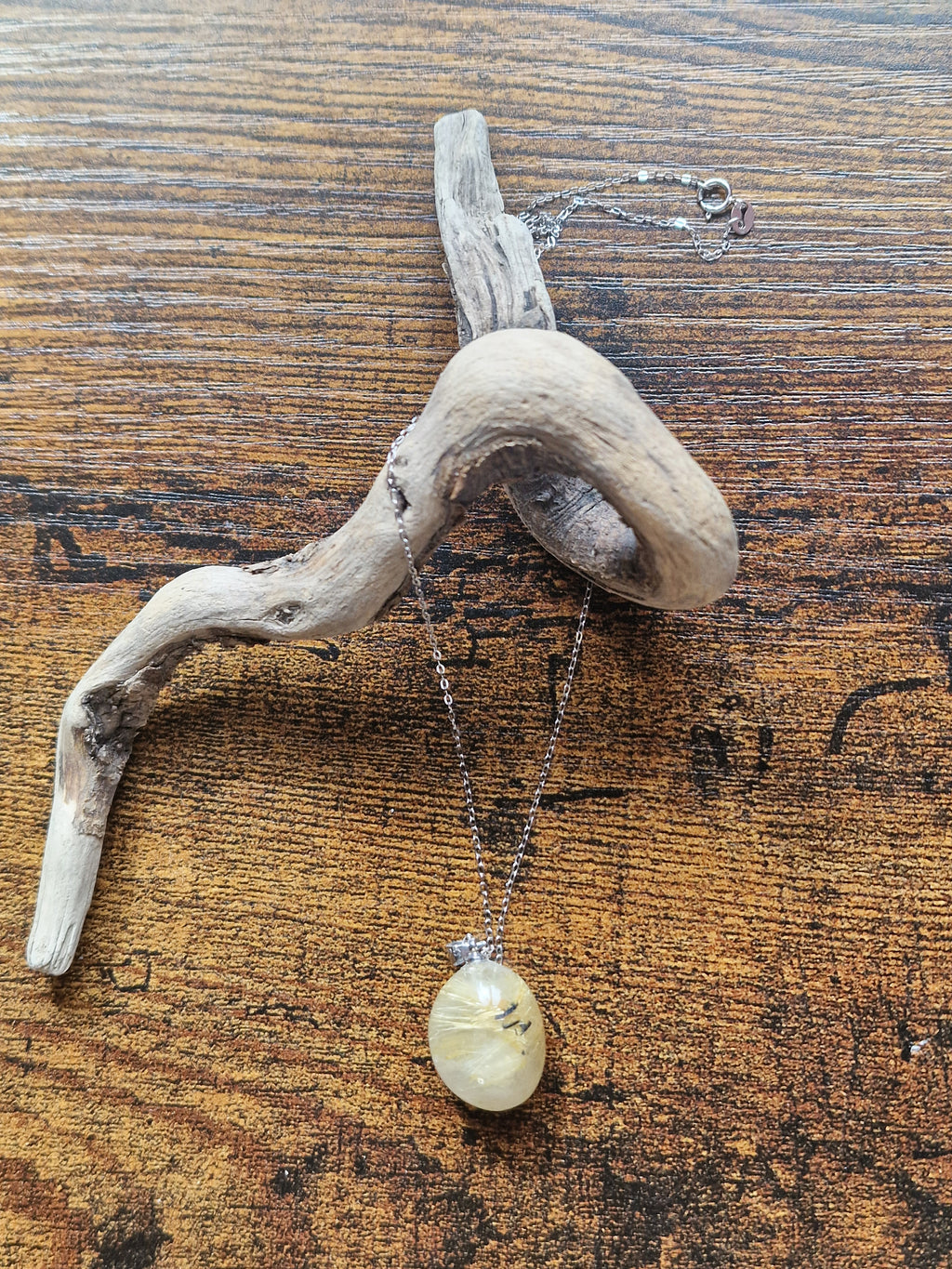 Golden Rutilated Quartz Oval, 925 Silver Pendant with Chain
