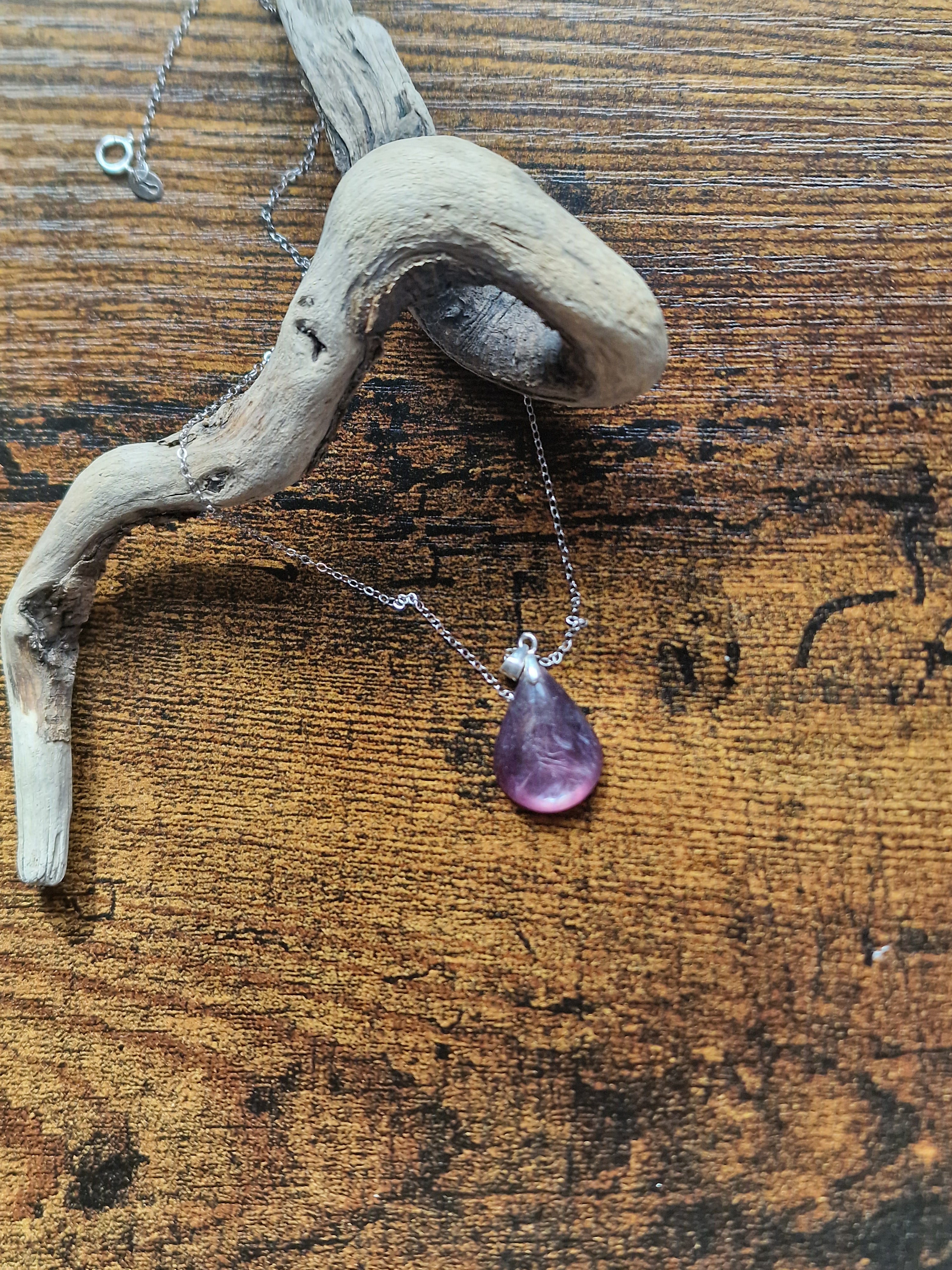 Purple Mica Teardrop, 925 Silver Pendant with Chain