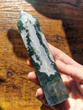 Moss Agate Tower with Quartz Window