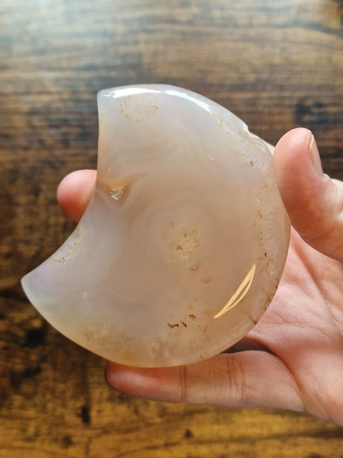 Flower Agate Crescent Moon Carving with Stand