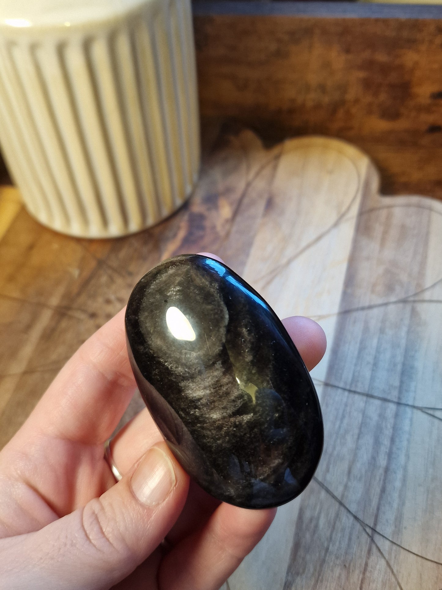 Silver sheen obsidian palm stones