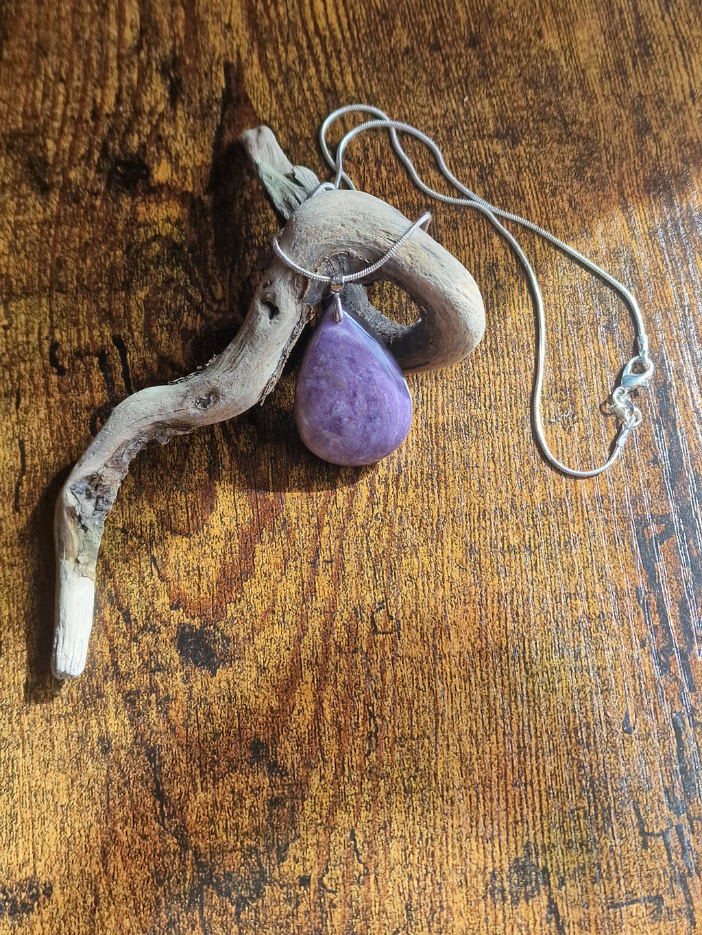 Charoite Teardrop, 925 Silver Pendant with Chain