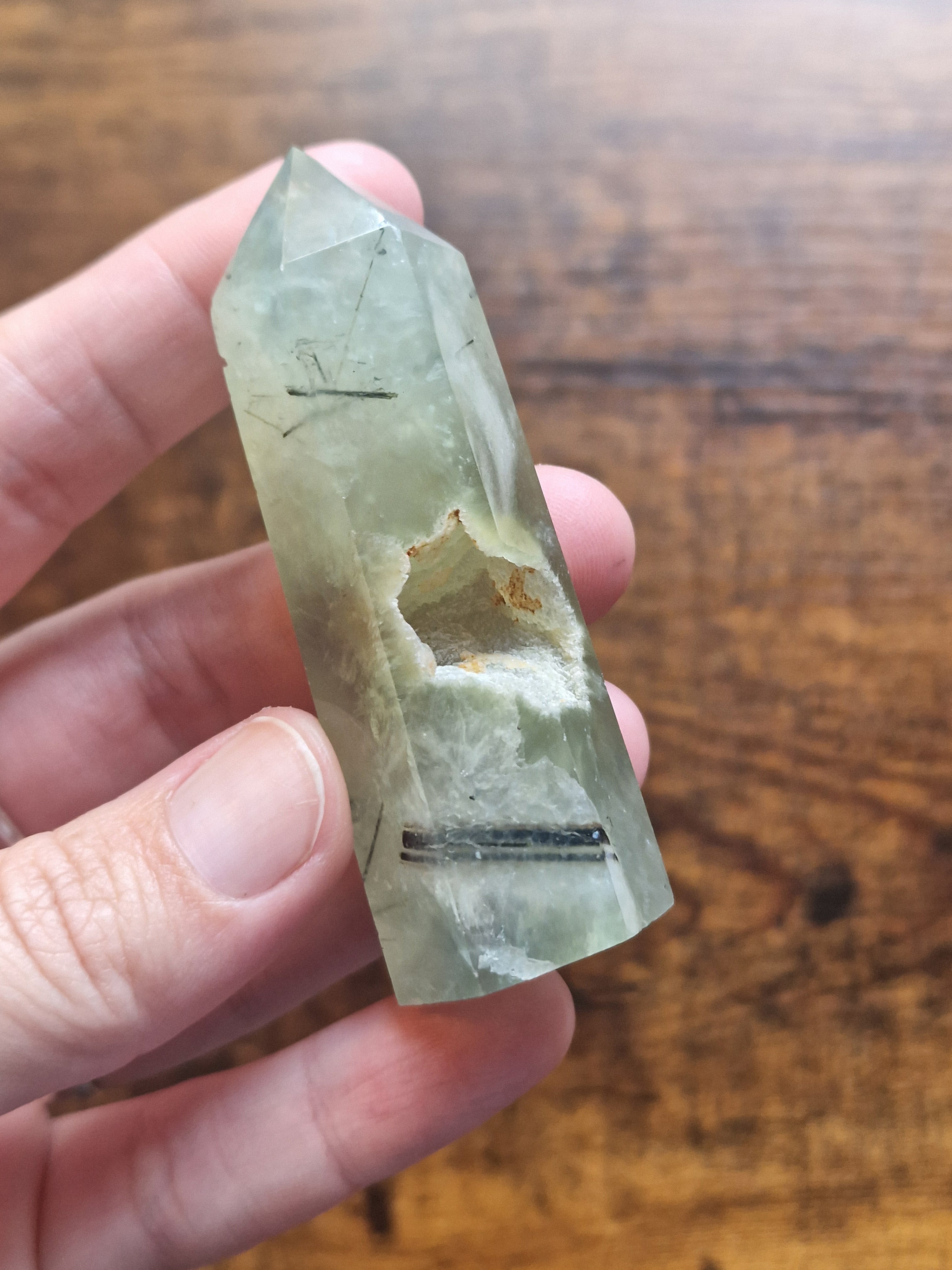 Prehnite with Black Tourmaline Crystal Point