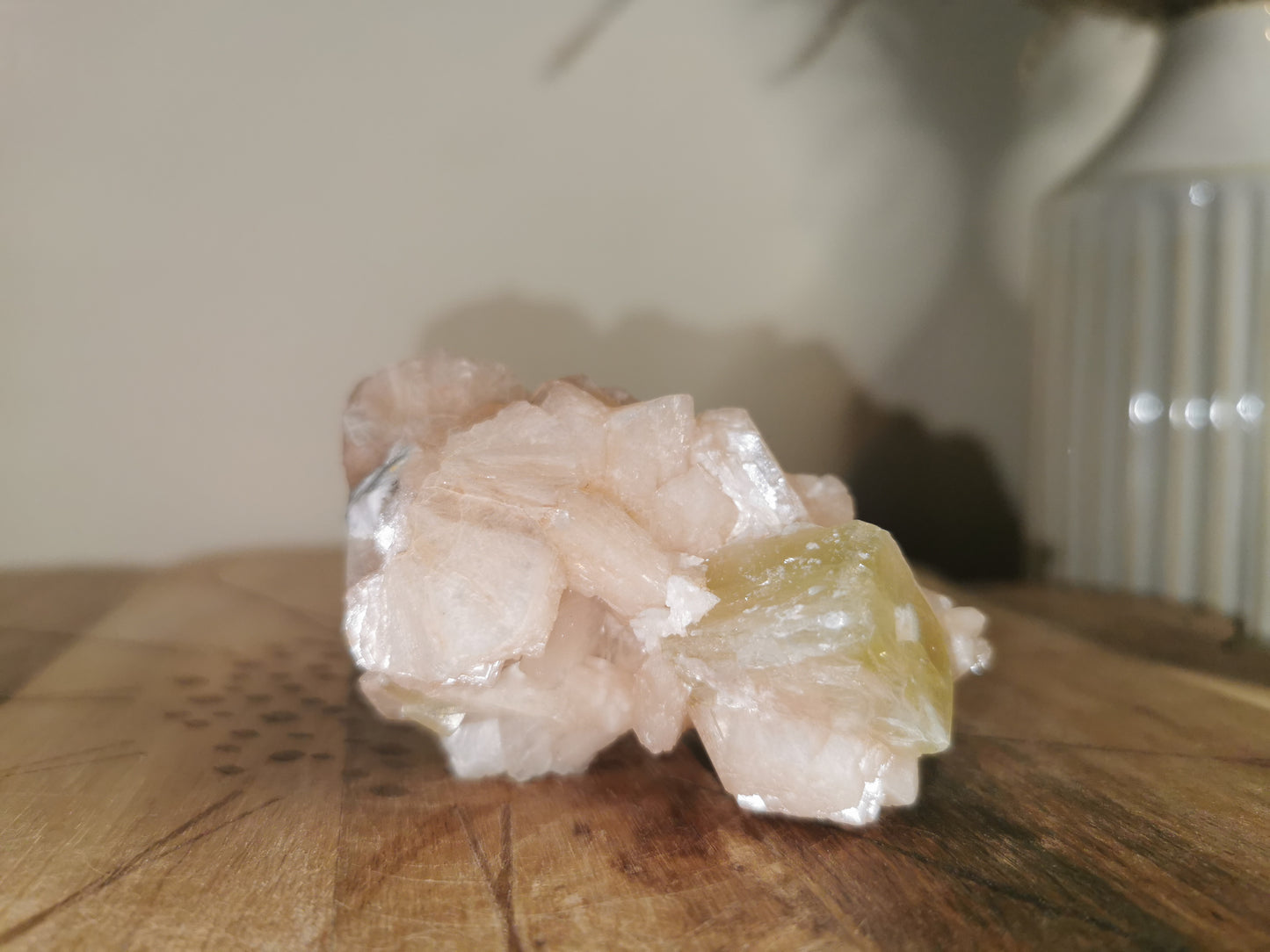Green Apophyllite cube with Peach Stilbite