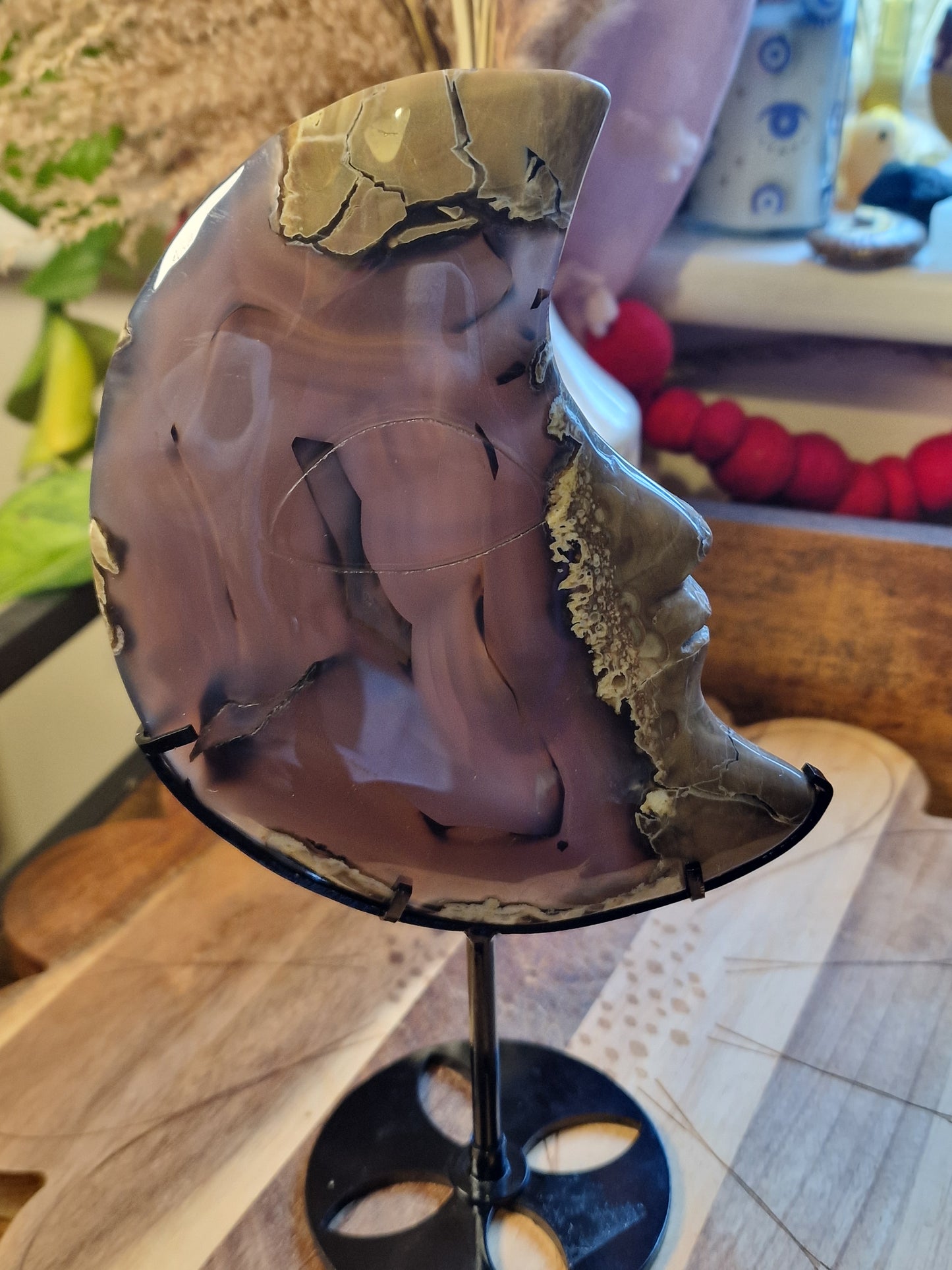 Volcano Agate Crescent Moon carvings on stands