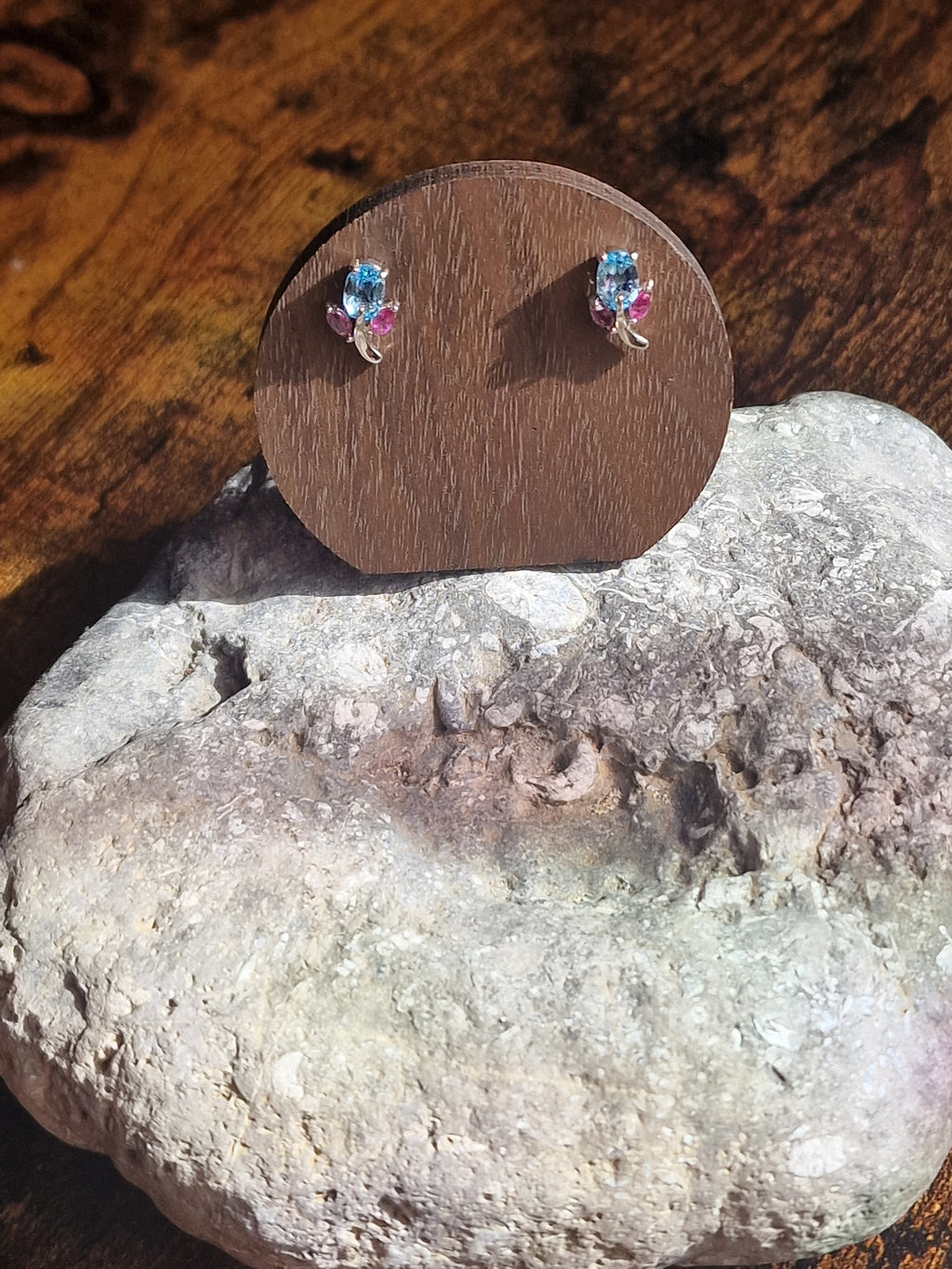 Blue Topaz & Ruby leaf studs