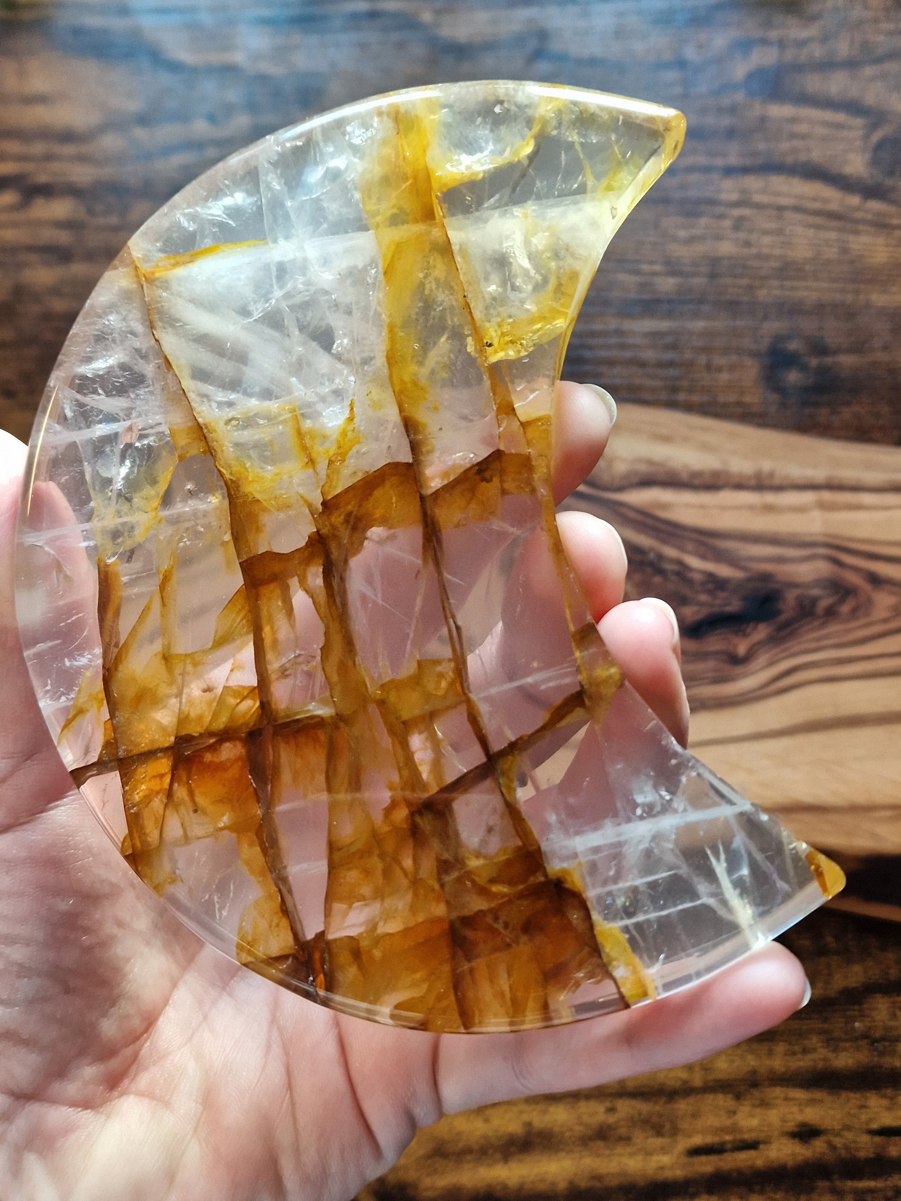 Golden Healer Quartz Crescent Moon on Stand