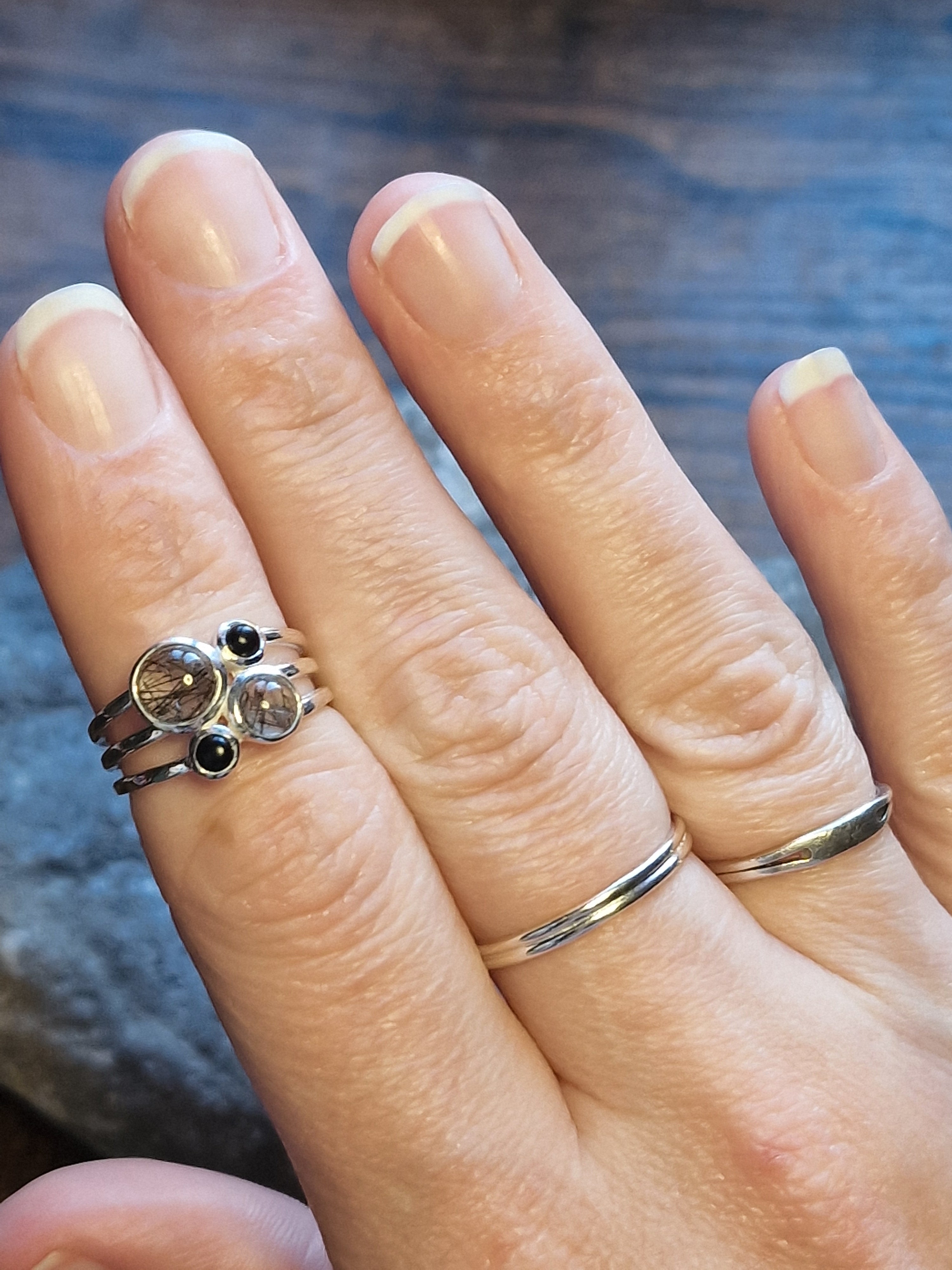 Ivy Four Tourmalated Quartz & Black Onyx Split Band Ring Size M