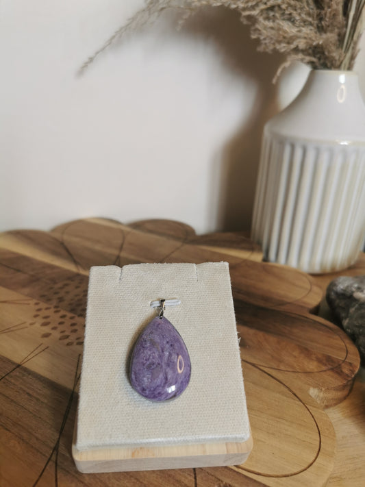 Charoite Teardrop Pendant – 925 Silver💜