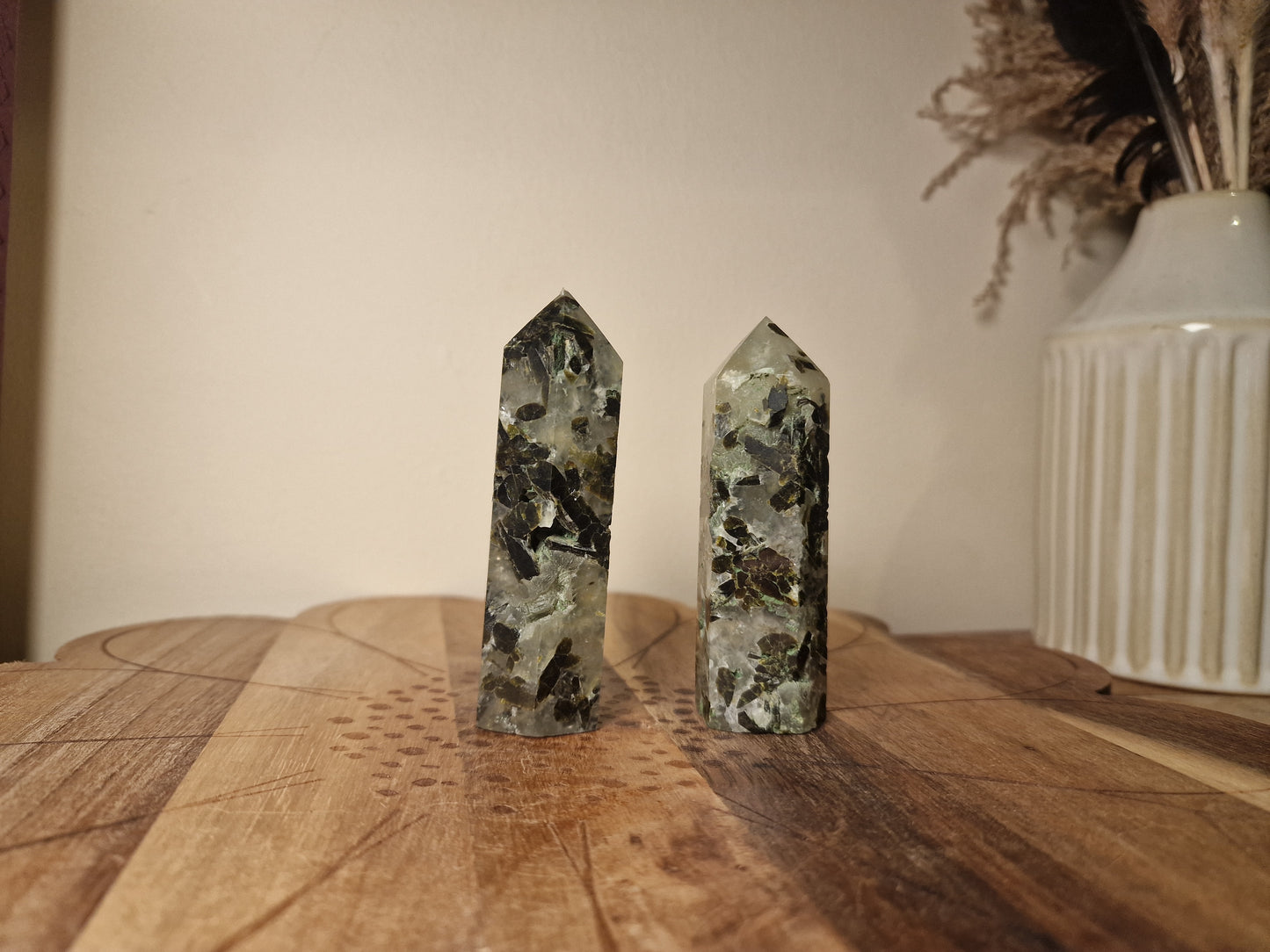 Prehnite Towers with Tourmaline Inclusions