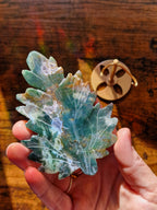 Druzy Moss Agate Crystal Leaf on Gold-Coloured Stand