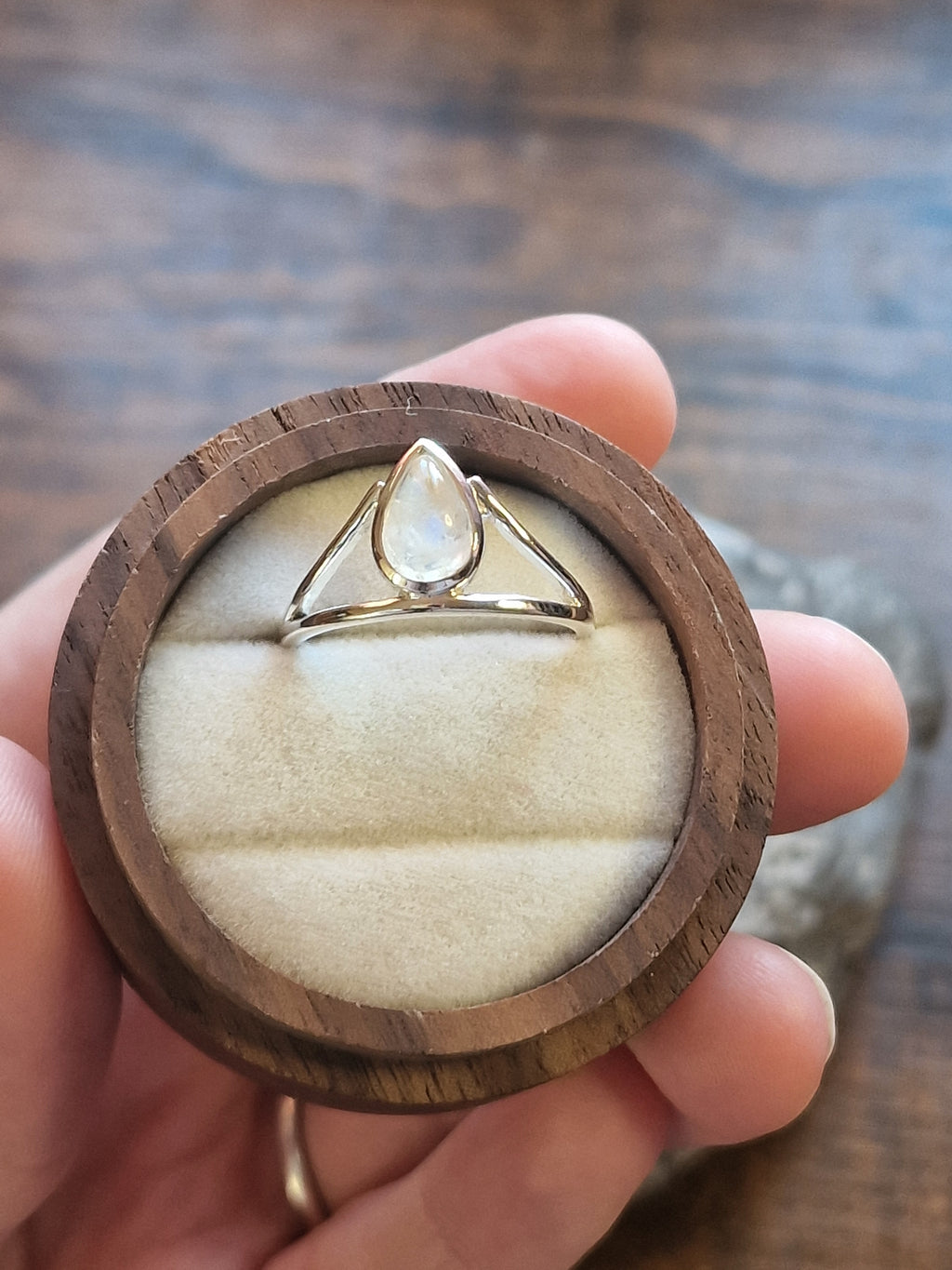Ivy Teardrop Rainbow Moonstone Open Chevron Ring