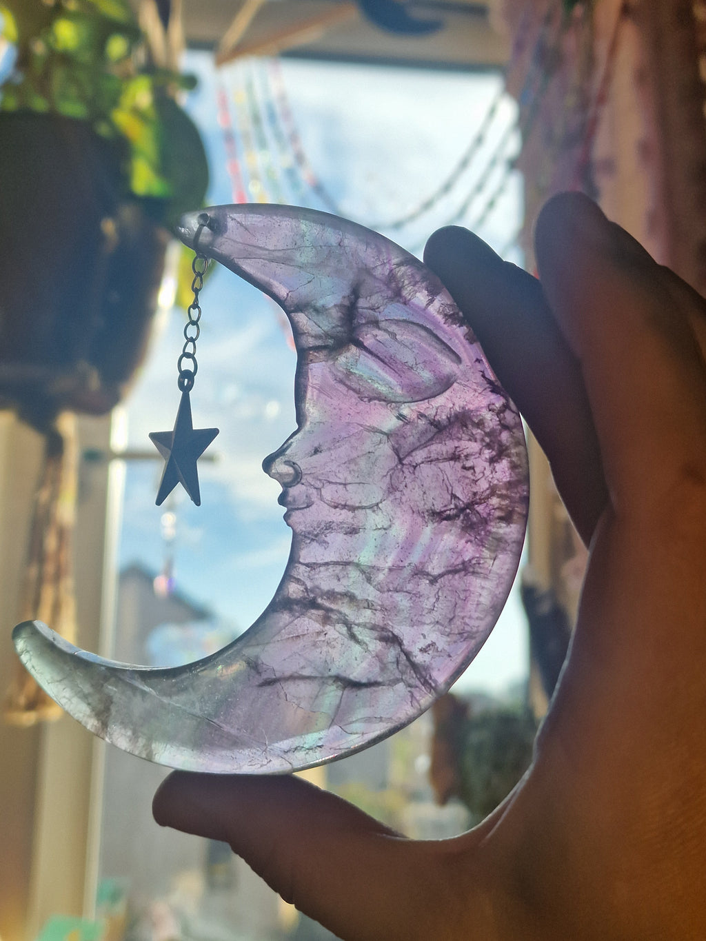 Fluorite Moon carving with Star Charm