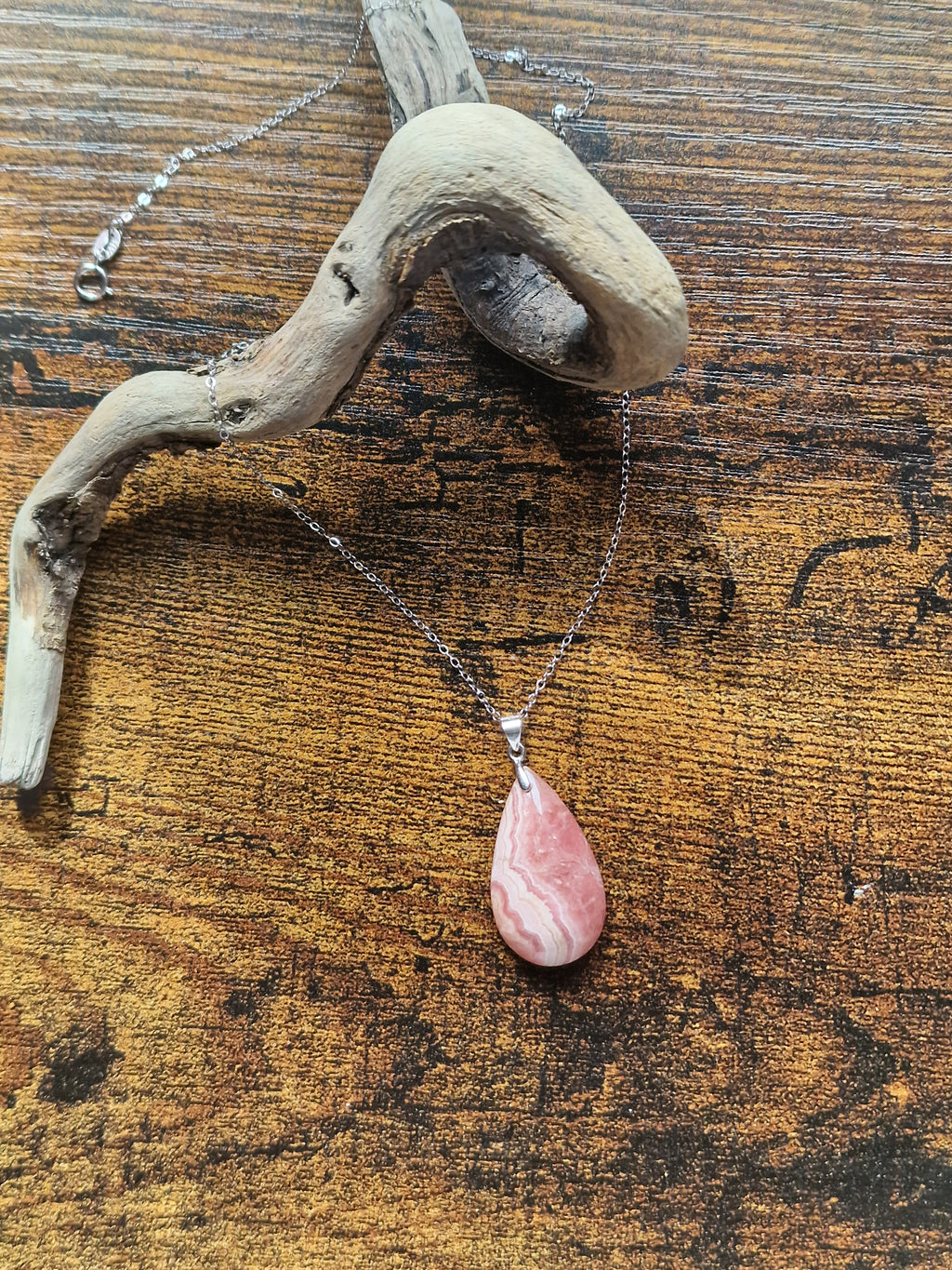 Rhodochrosite Teardrop, 925 Silver Pendant with Chain