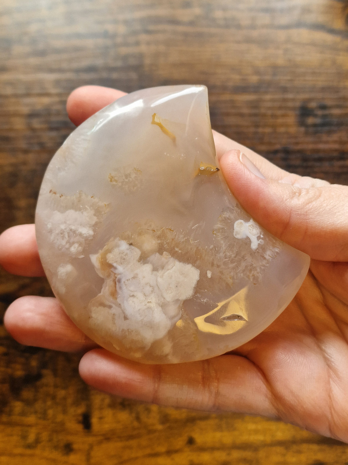 Flower Agate Crescent Moon Carving with Stand