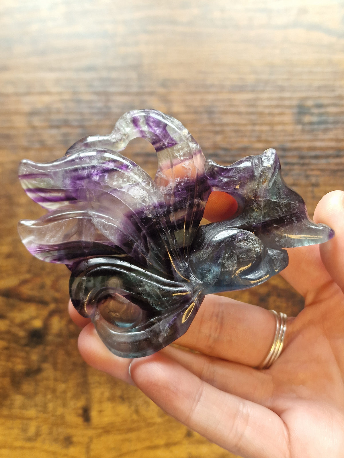 Fluorite Nine-Tailed Fox Crystal Carving