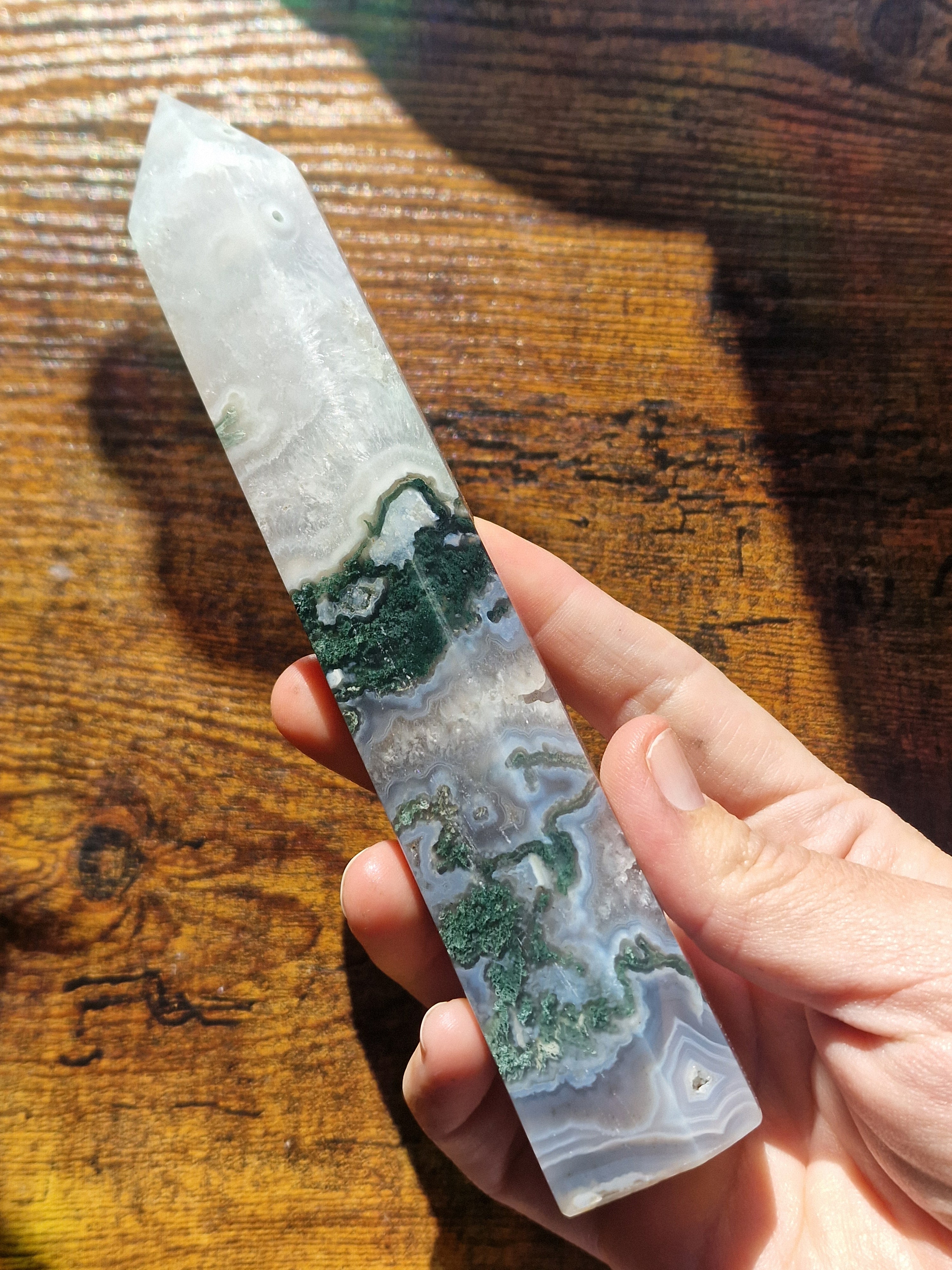 Moss Agate Tower with Druzy Detail
