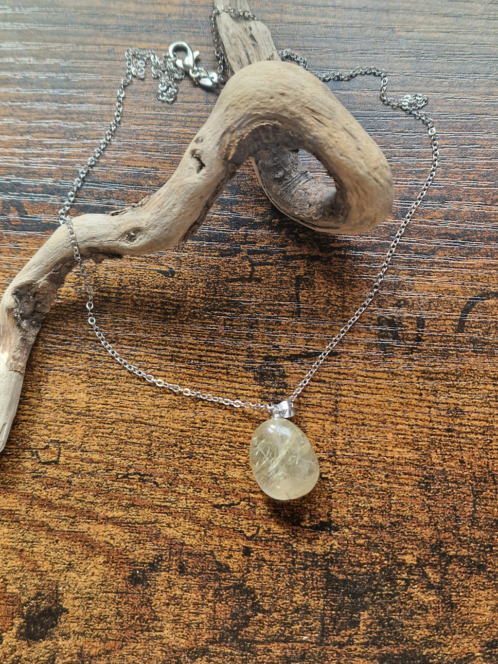 Golden Rutilated Quartz Oval, 925 Silver Pendant with Chain