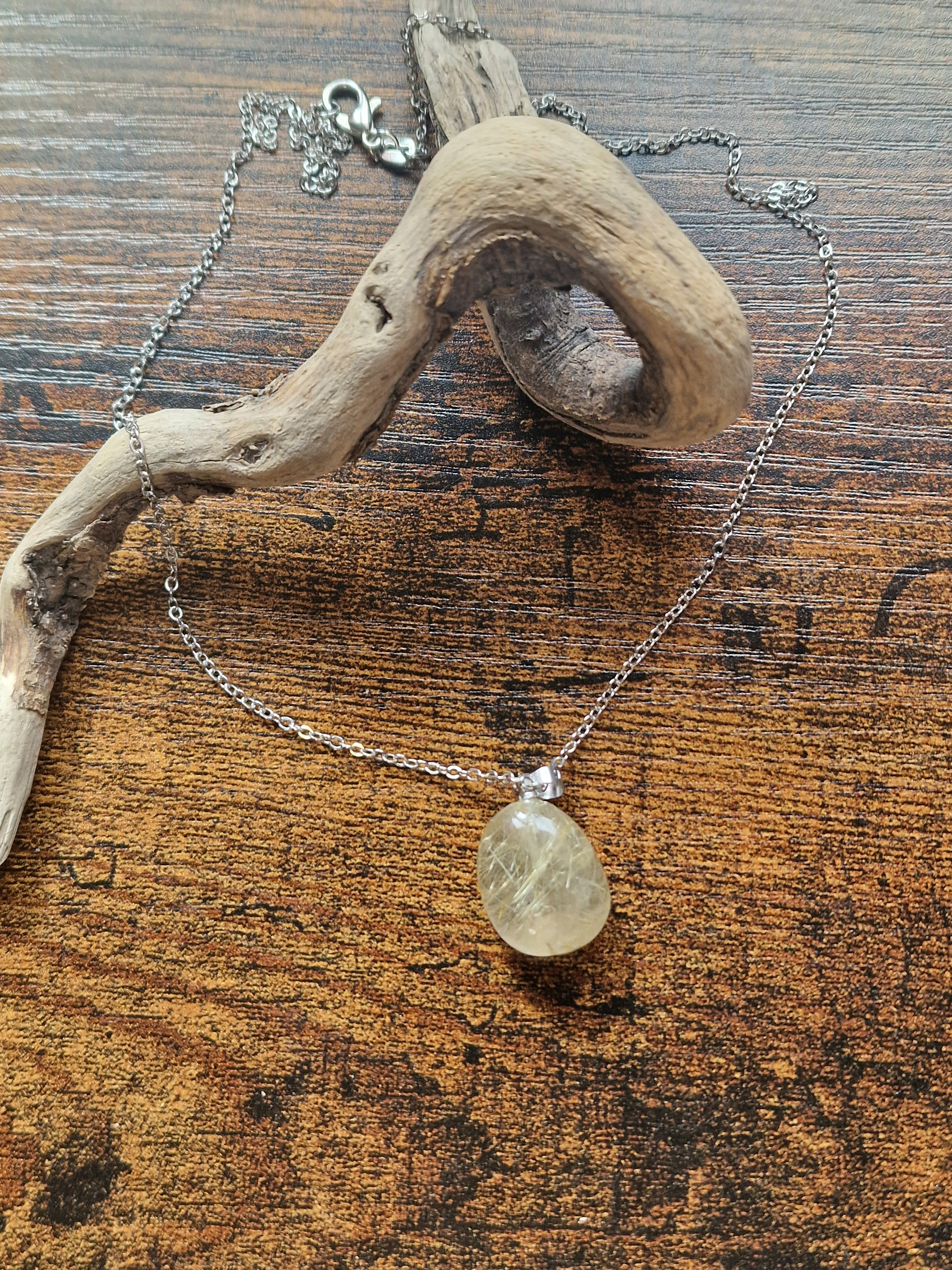 Golden Rutilated Quartz Oval, 925 Silver Pendant with Chain