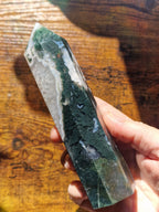 Moss Agate Tower with Quartz Window