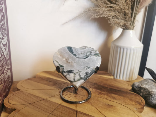 Moss Agate Heart with Druzy Inclusions - Stand Inc