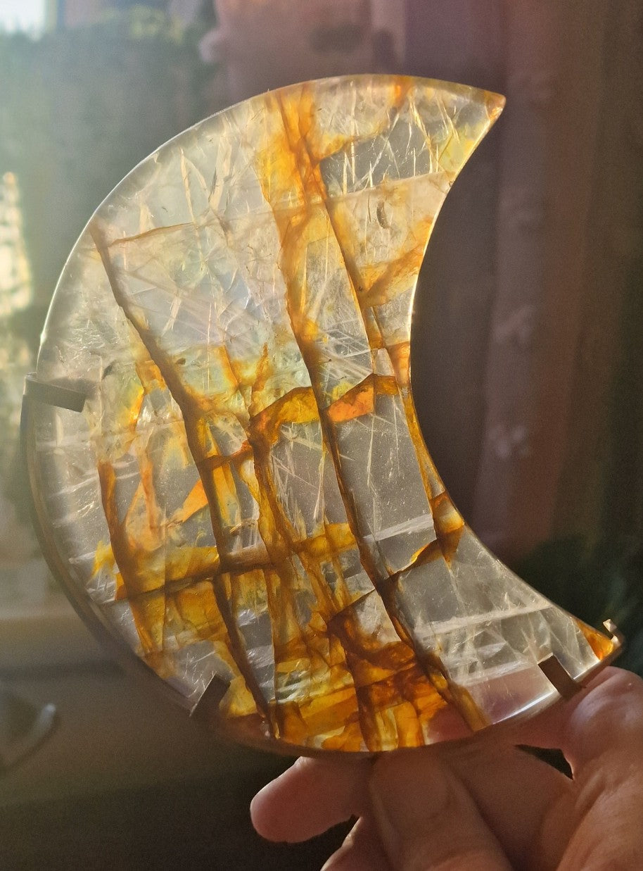 Golden Healer Quartz Crescent Moon on Stand