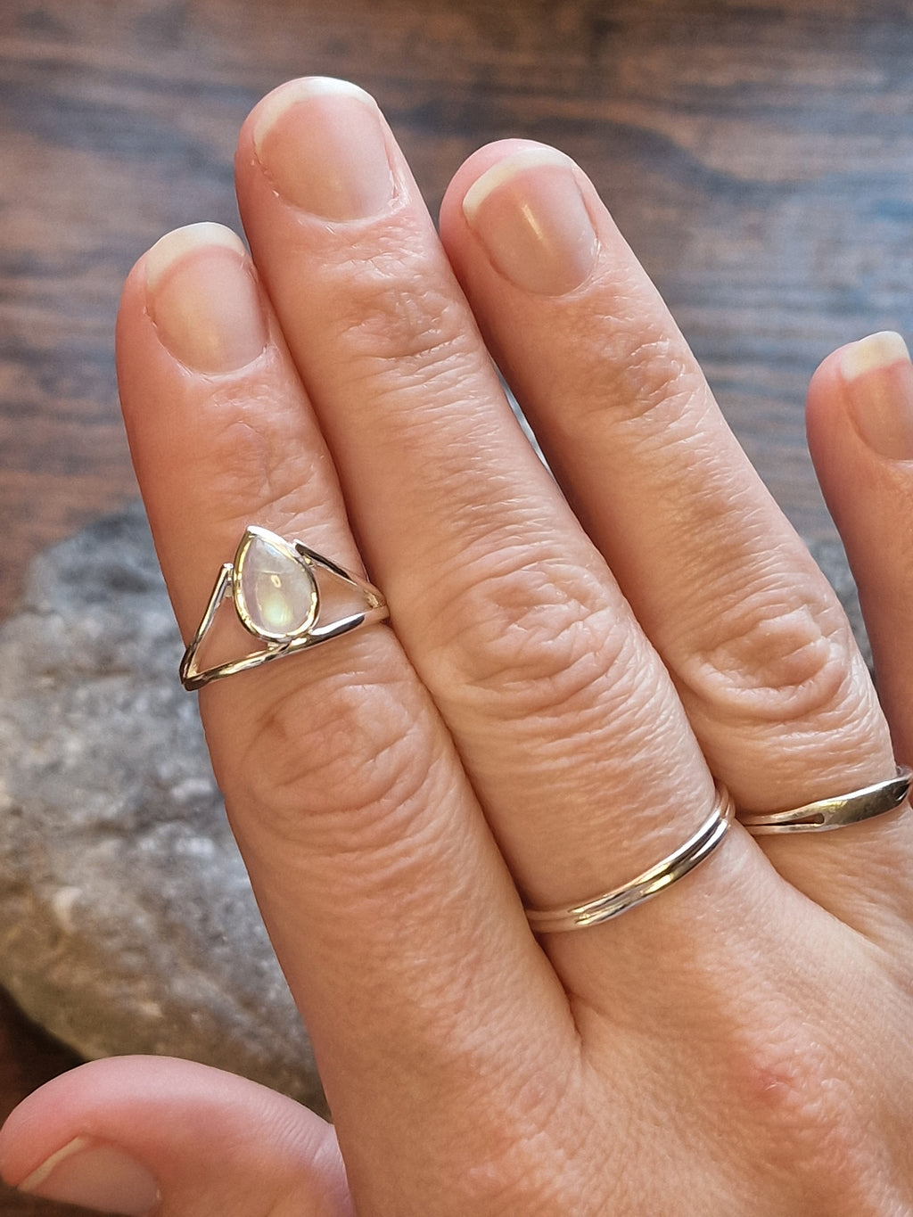 Ivy Teardrop Rainbow Moonstone Open Chevron Ring