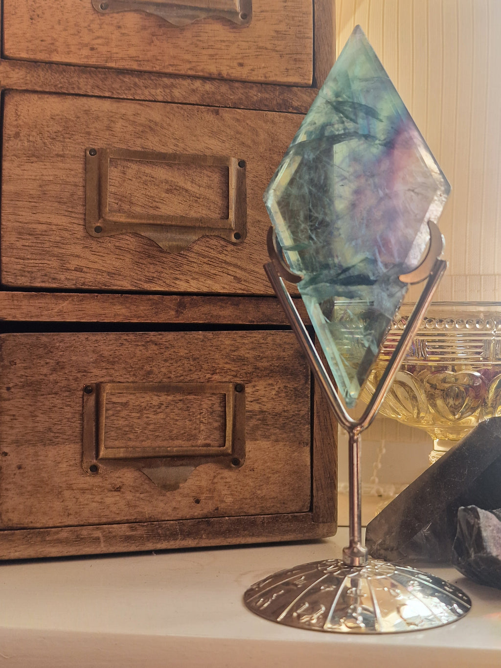 Fluorite Diamond with Silver Celestial Stand