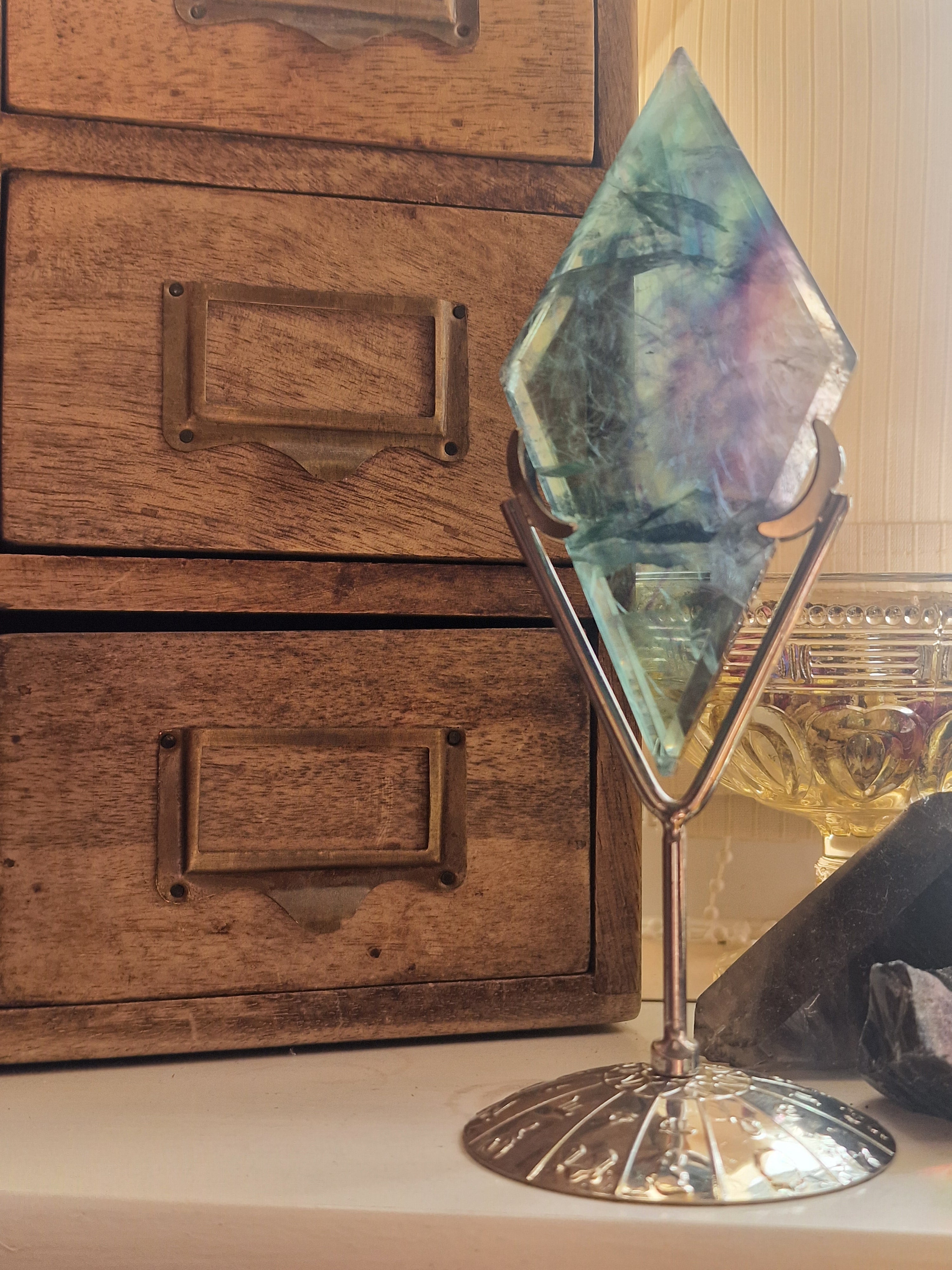 Fluorite Diamond with Silver Celestial Stand