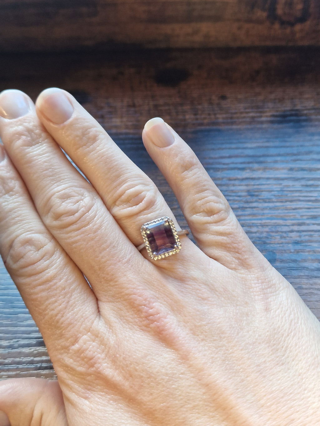 Rainbow Fluorite Emerald Cut Ring