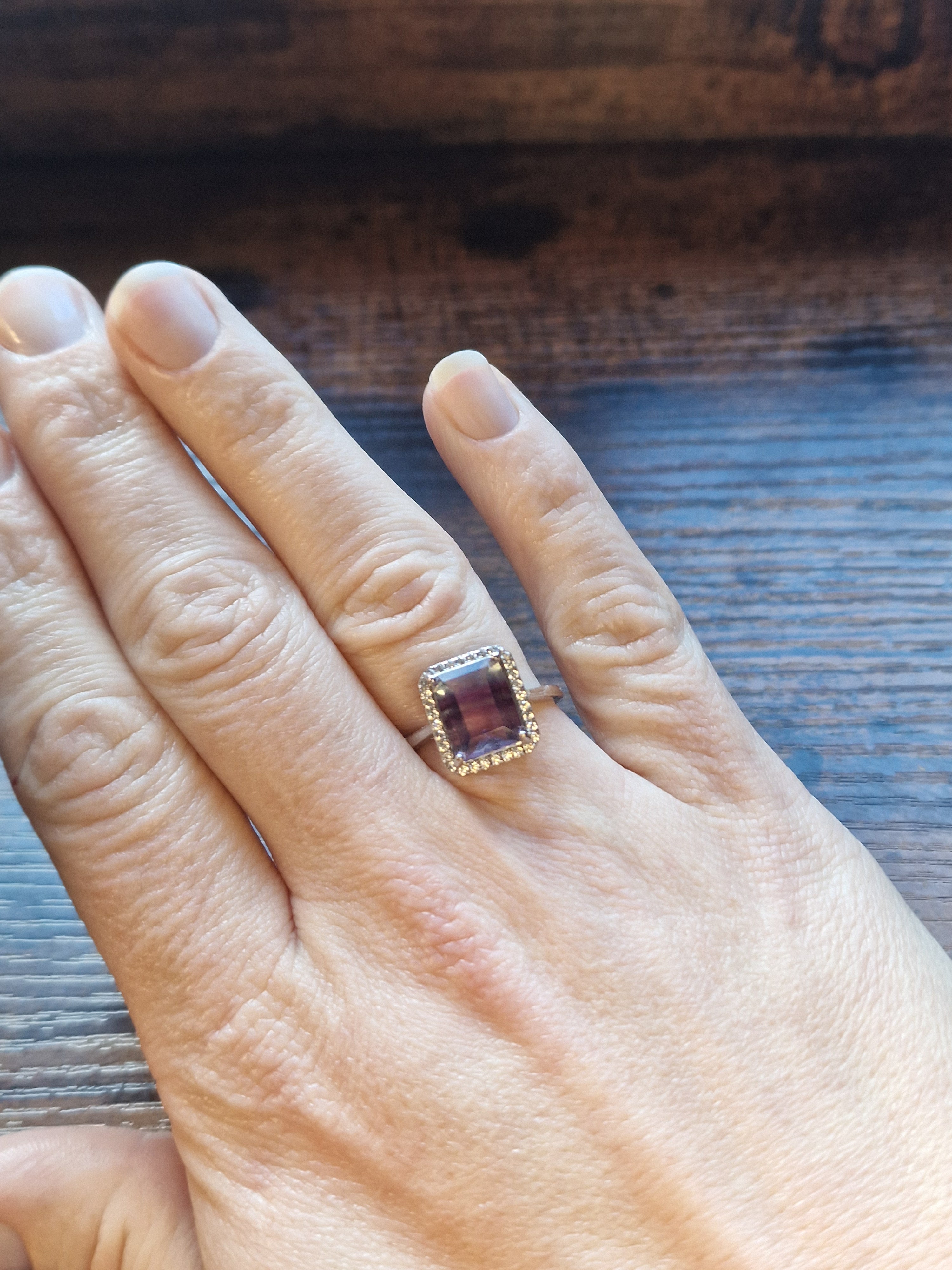 Rainbow Fluorite Emerald Cut Ring