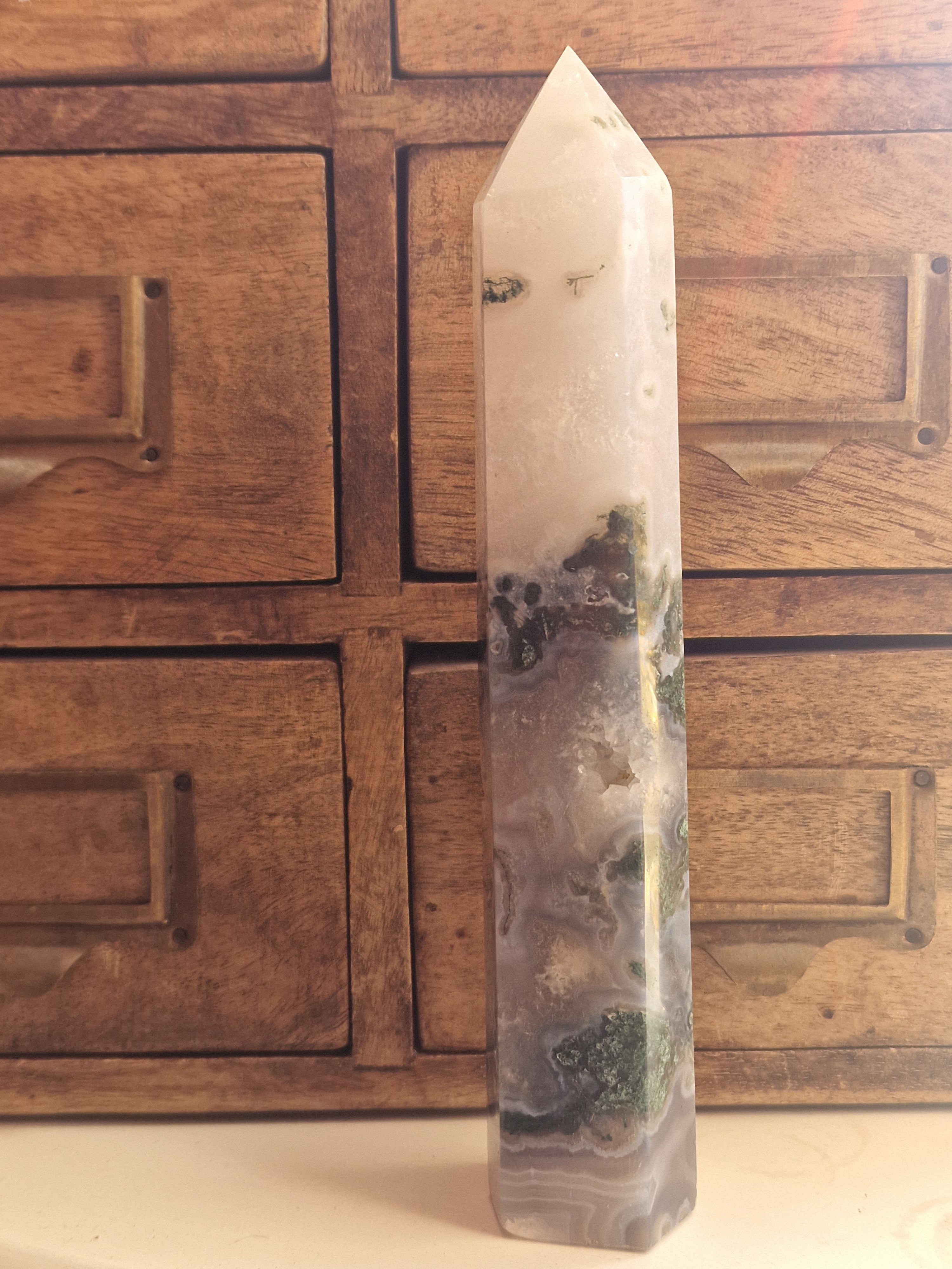 Moss Agate Tower with Druzy Detail