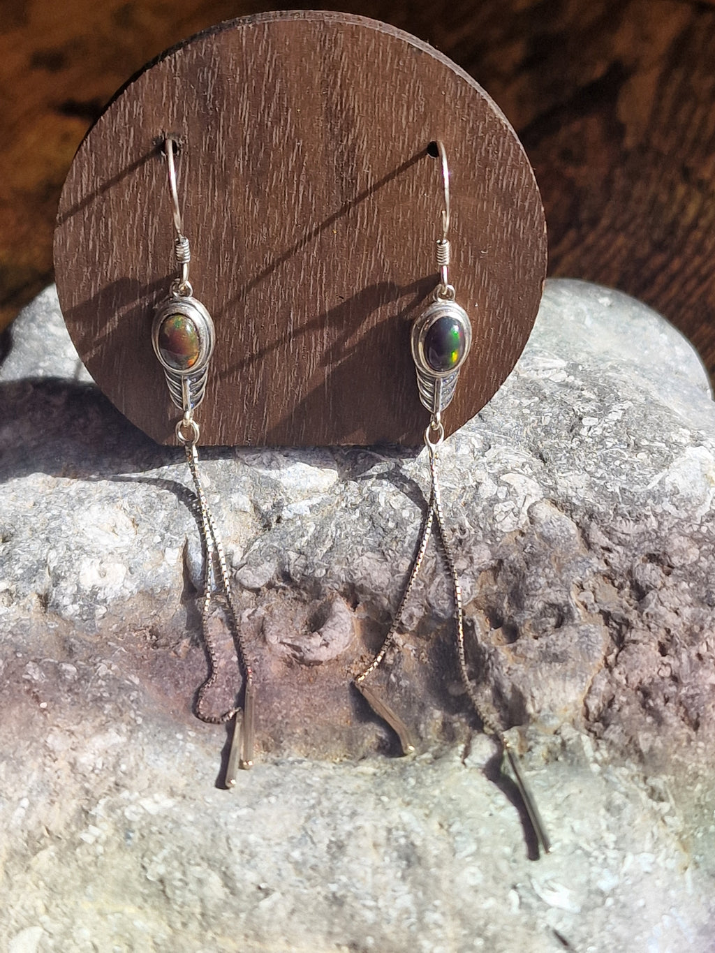 Black Opal Long Drop Earrings ~ 925 Silver