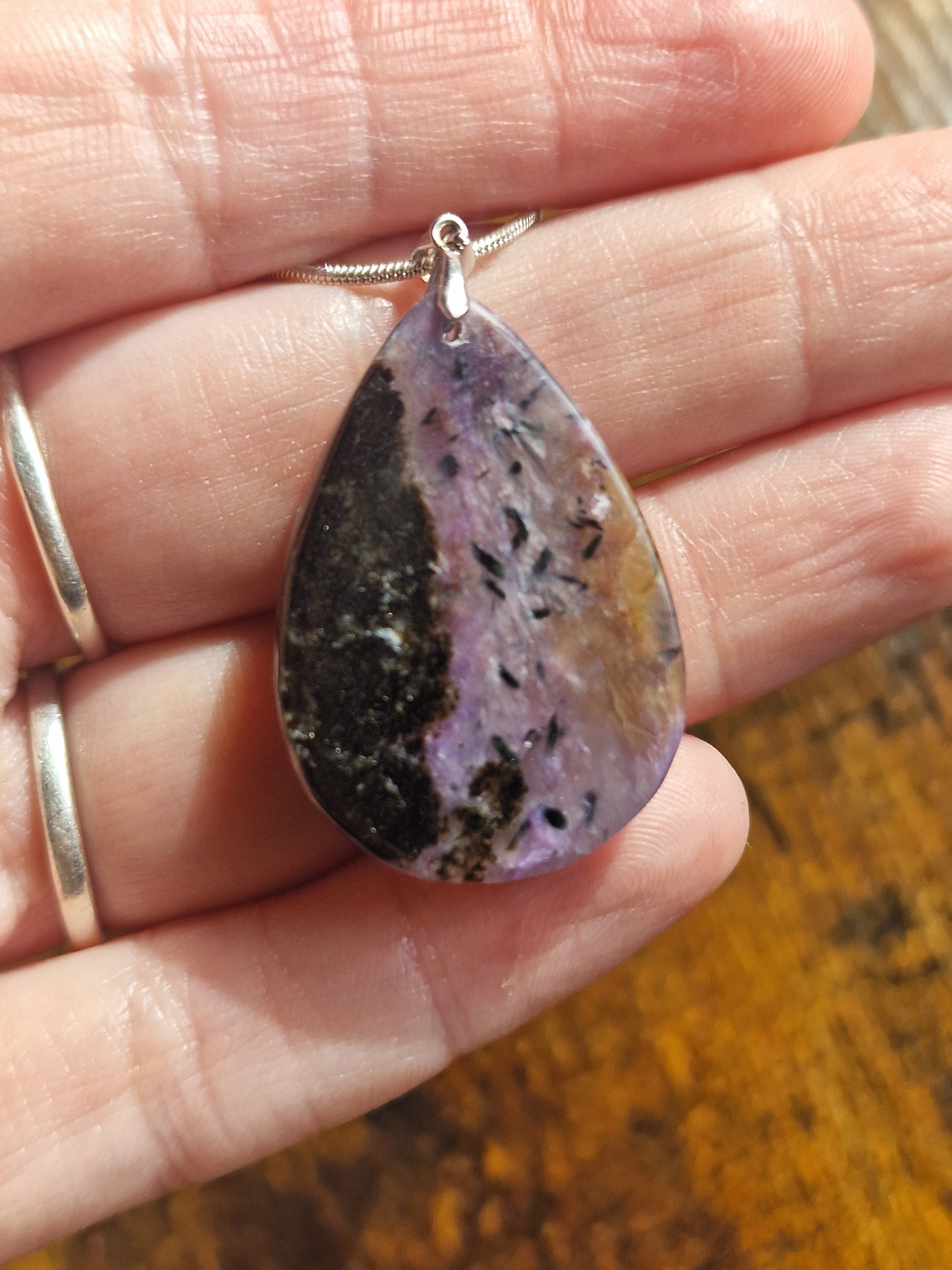 Charoite Teardrop, 925 Silver Pendant with Chain