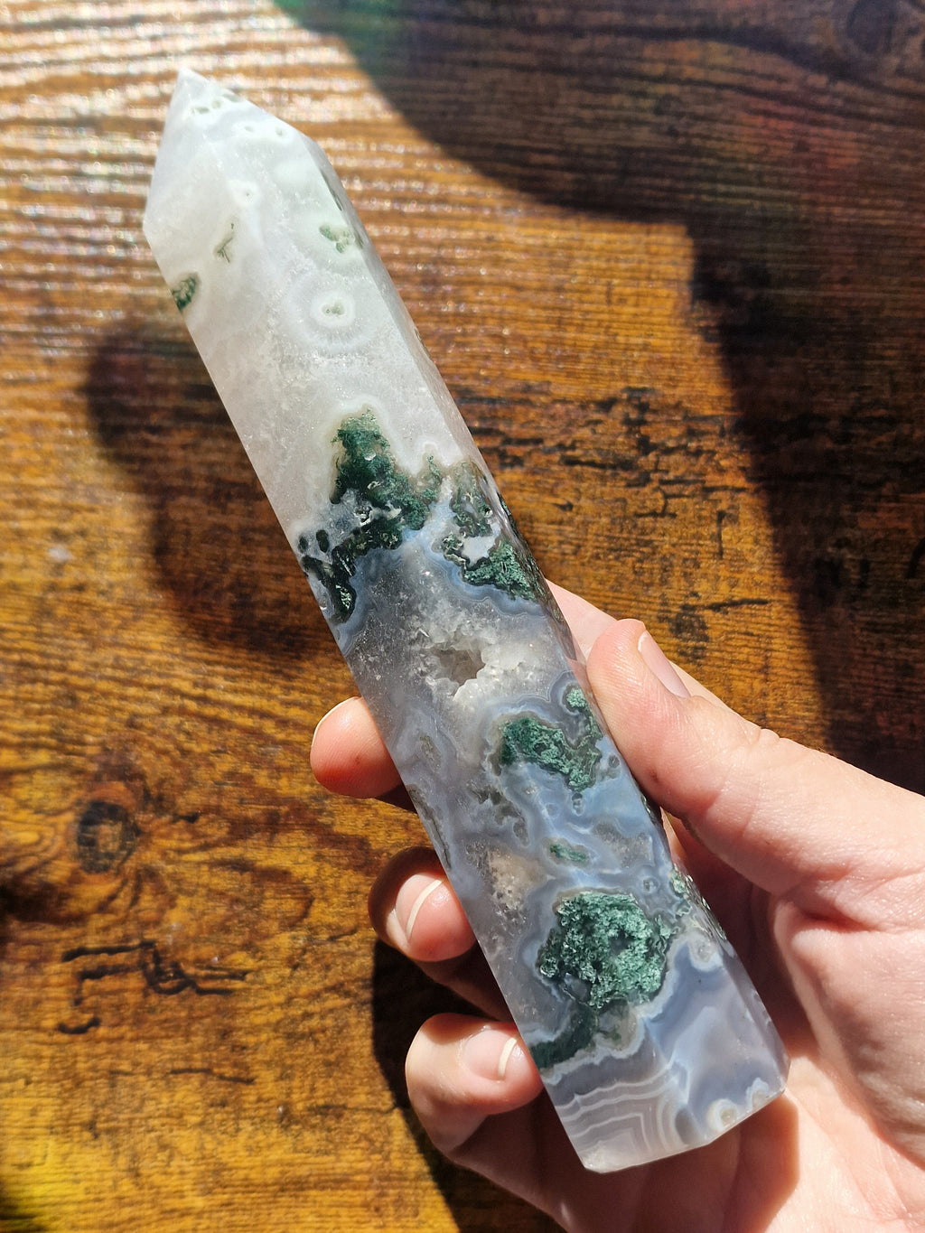 Moss Agate Tower with Druzy Detail