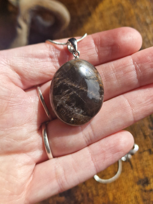 Black Moonstone Pebble, 925 Silver Pendant with Chain