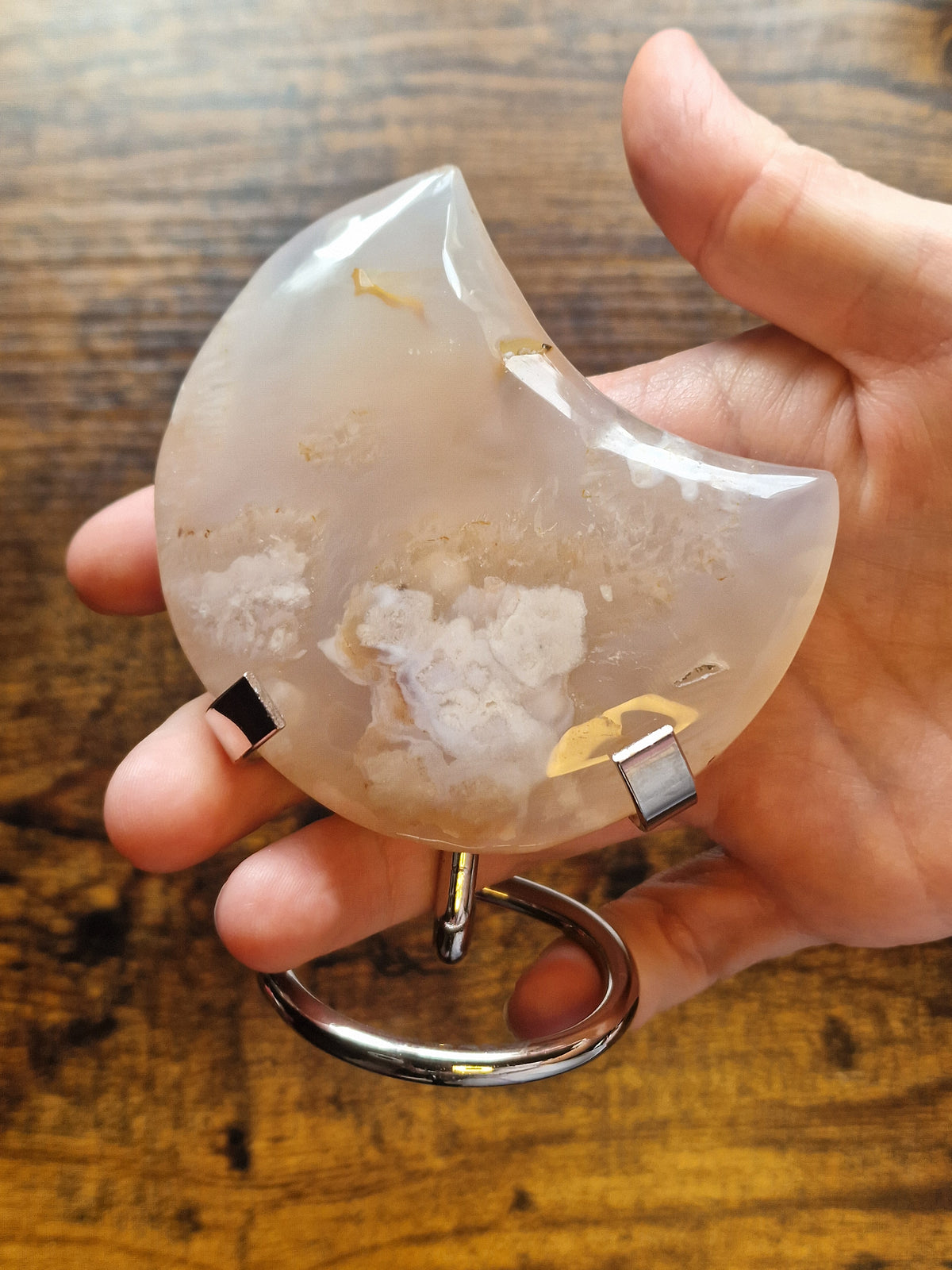 Flower Agate Crescent Moon Carving with Stand