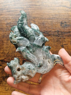 Druzy Moss Agate Nine-Tailed Fox Carving