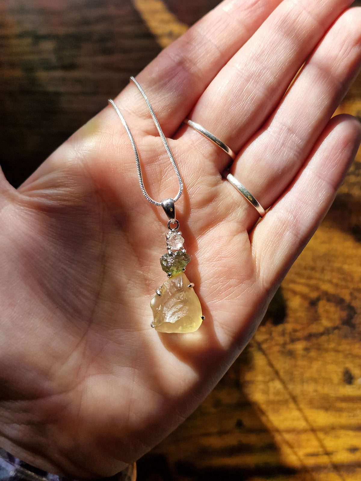 Herkimer Quartz, Moldavite & Libyan Desert Glass Sterling Silver Necklace