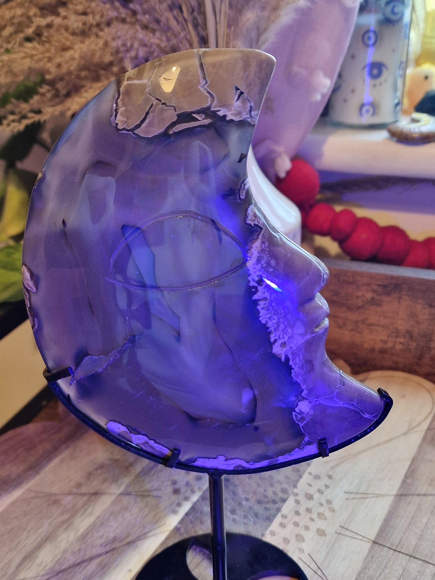 Volcano Agate Crescent Moon carvings on stands