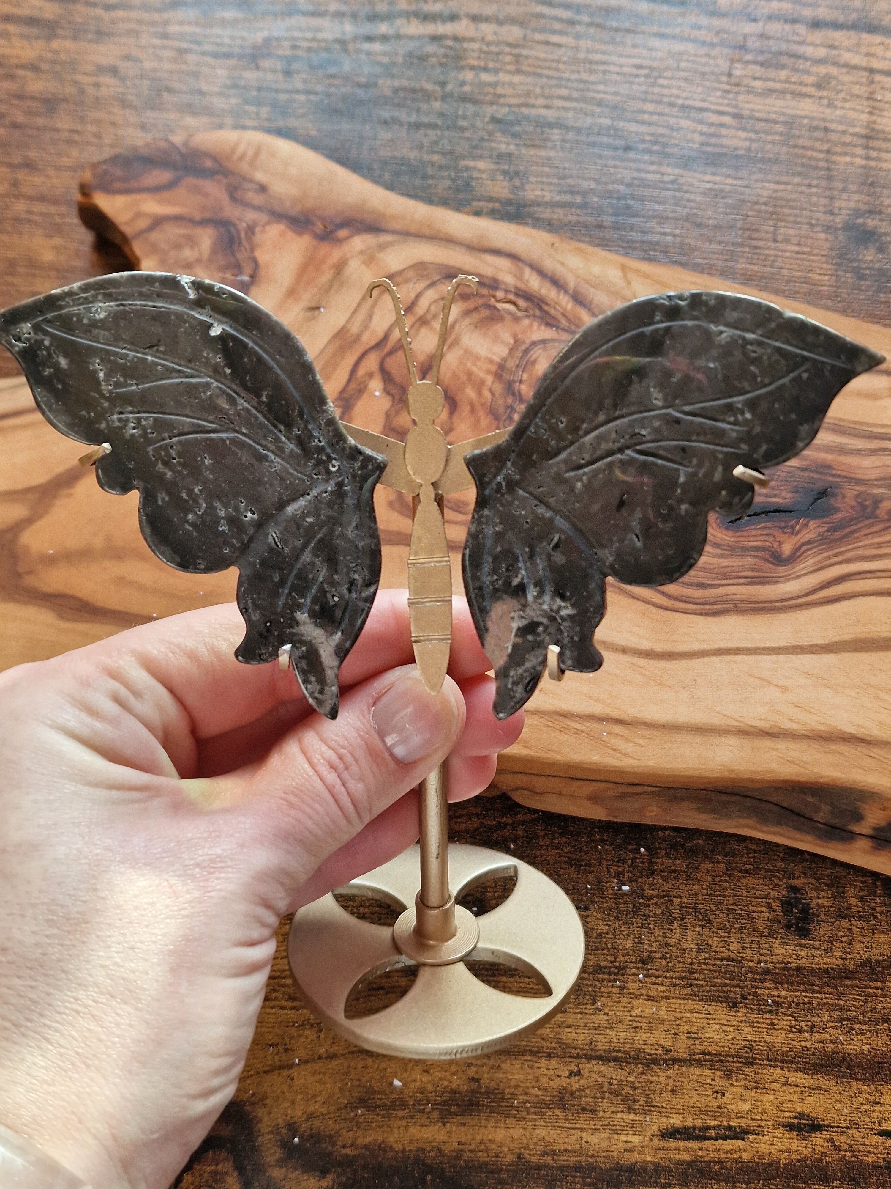 Black Agate Butterfly Wings on Gold Stand